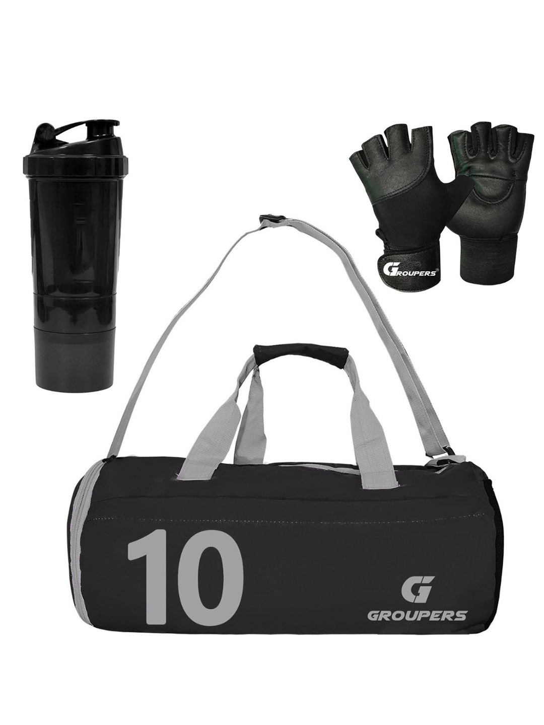 

GROUPERS Printed Gym Duffel Bag with Shaker Bottle & Gloves with Wrist Band, Black