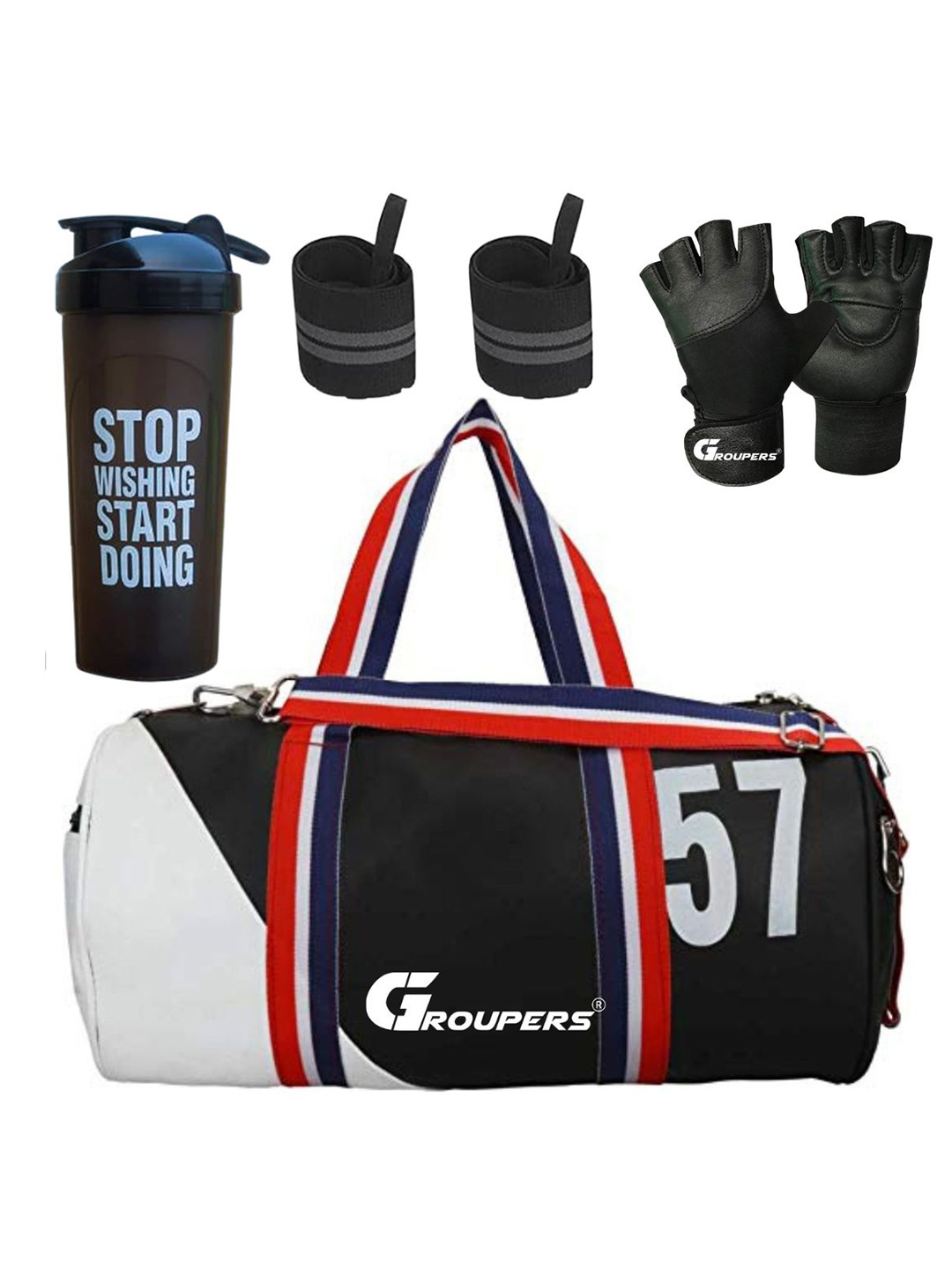 

GROUPERS Printed Foldable Gym Duffel Bag with Shaker Bottle-700ml Gloves & Wrist Band, Black