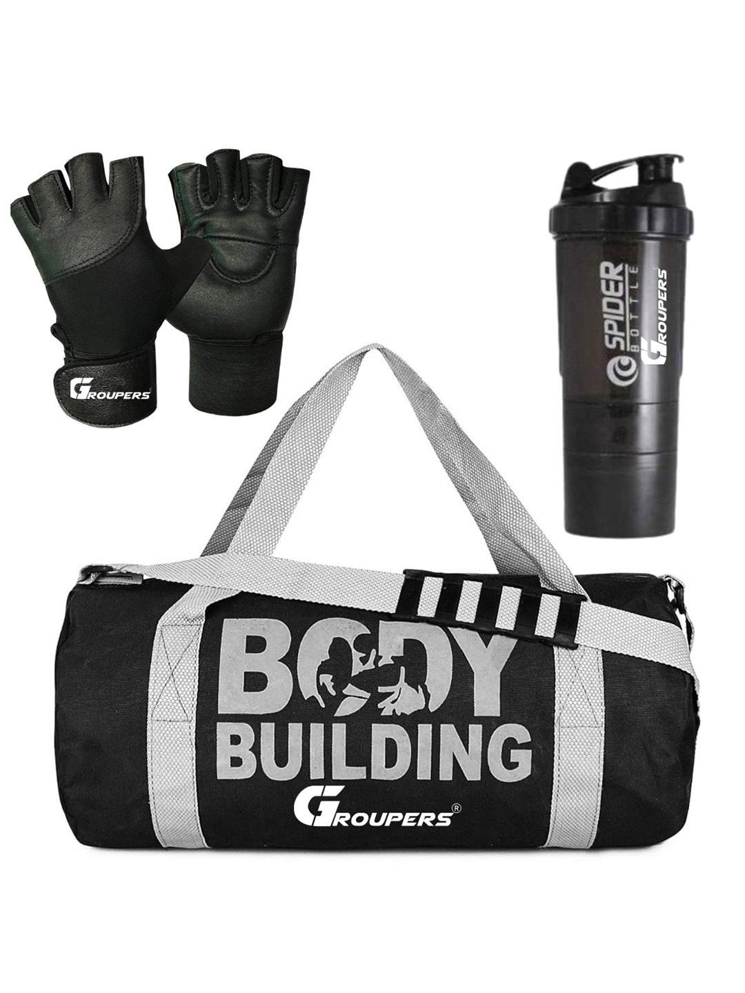 

GROUPERS Printed Foldable Sports or Gym Duffel Bag with Shaker Bottle-500ml & Gloves, Black