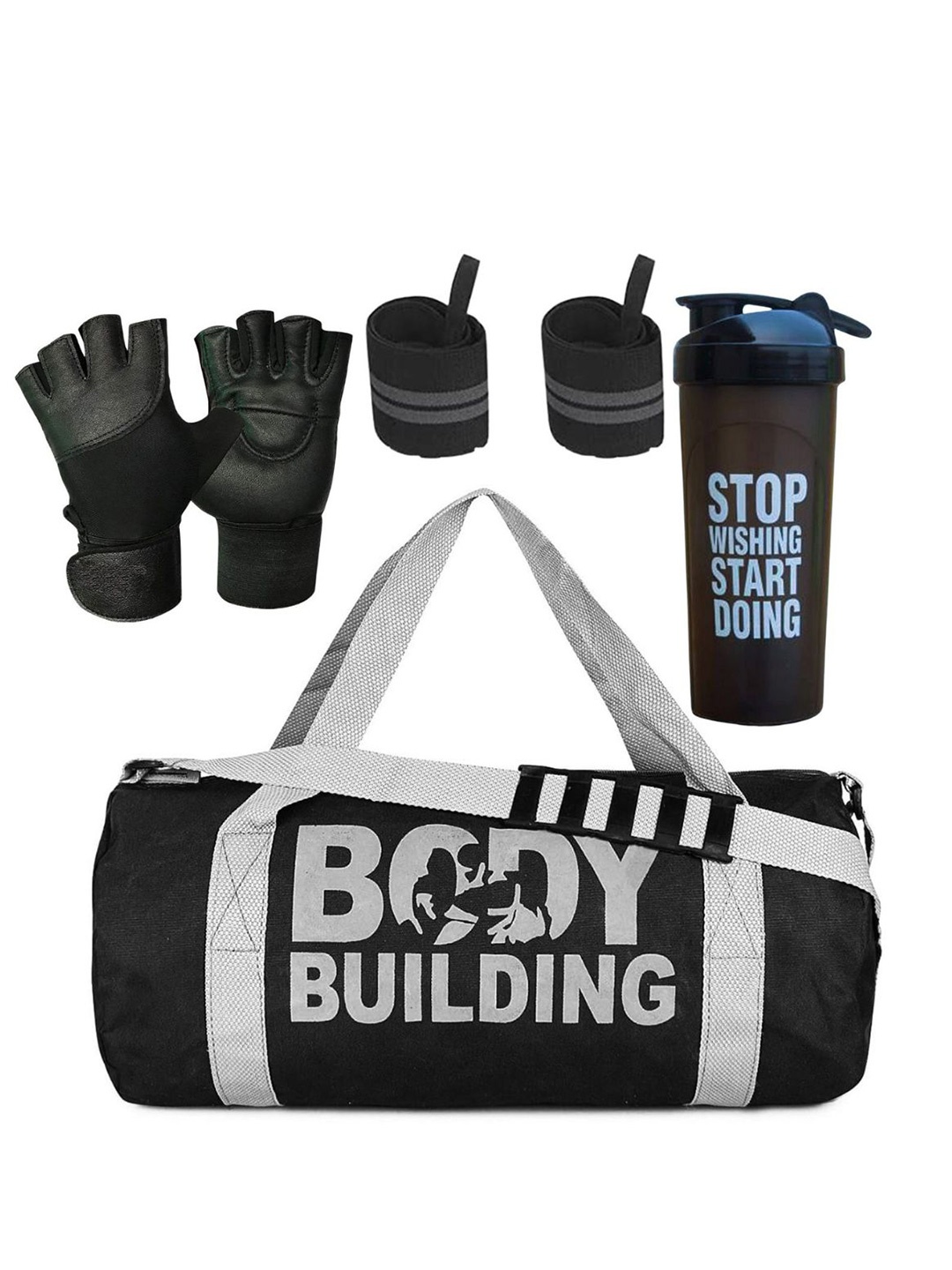 

GROUPERS Printed Foldable Sports or Gym Duffel Bag with Shaker Bottle-700ml & Gloves, Black