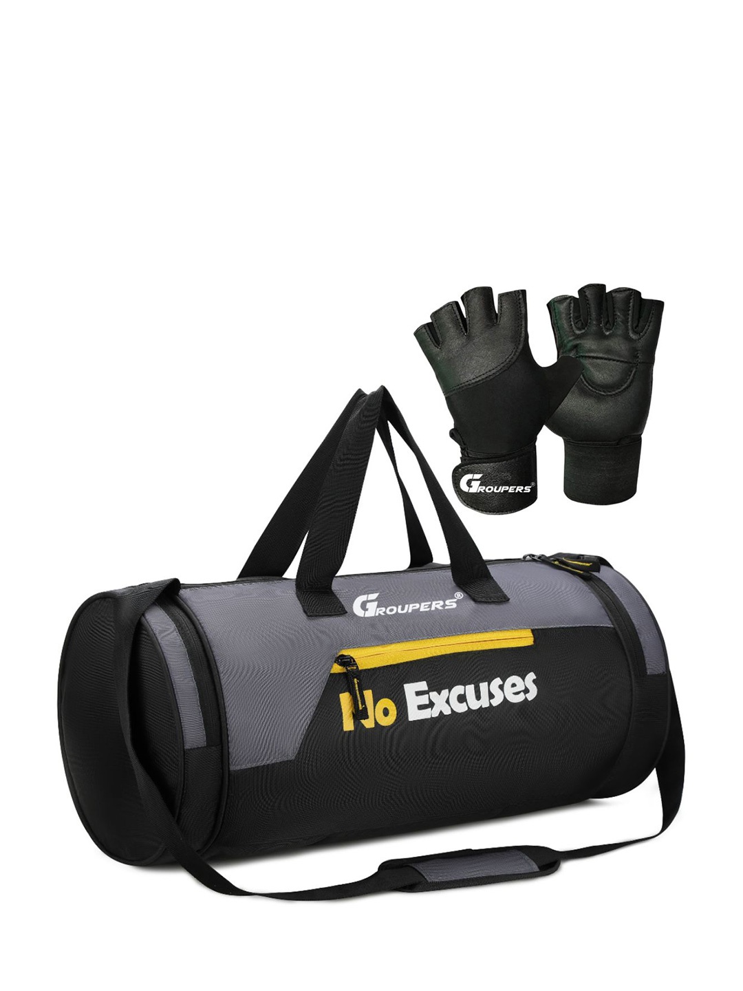 GROUPERS Printed Medium Foldable Sports or Gym Duffel Bag With Gloves, Black