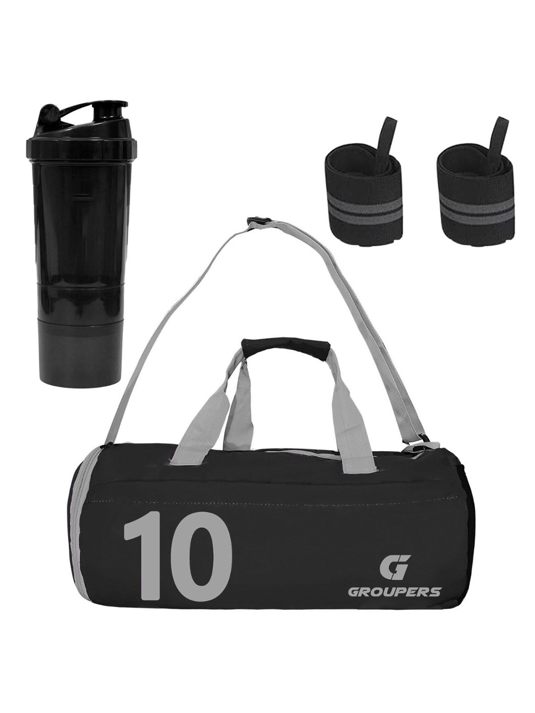 

GROUPERS Printed Foldable Gym Duffel Bag with Shaker Bottle-700ml Gloves & Wrist Band, Black