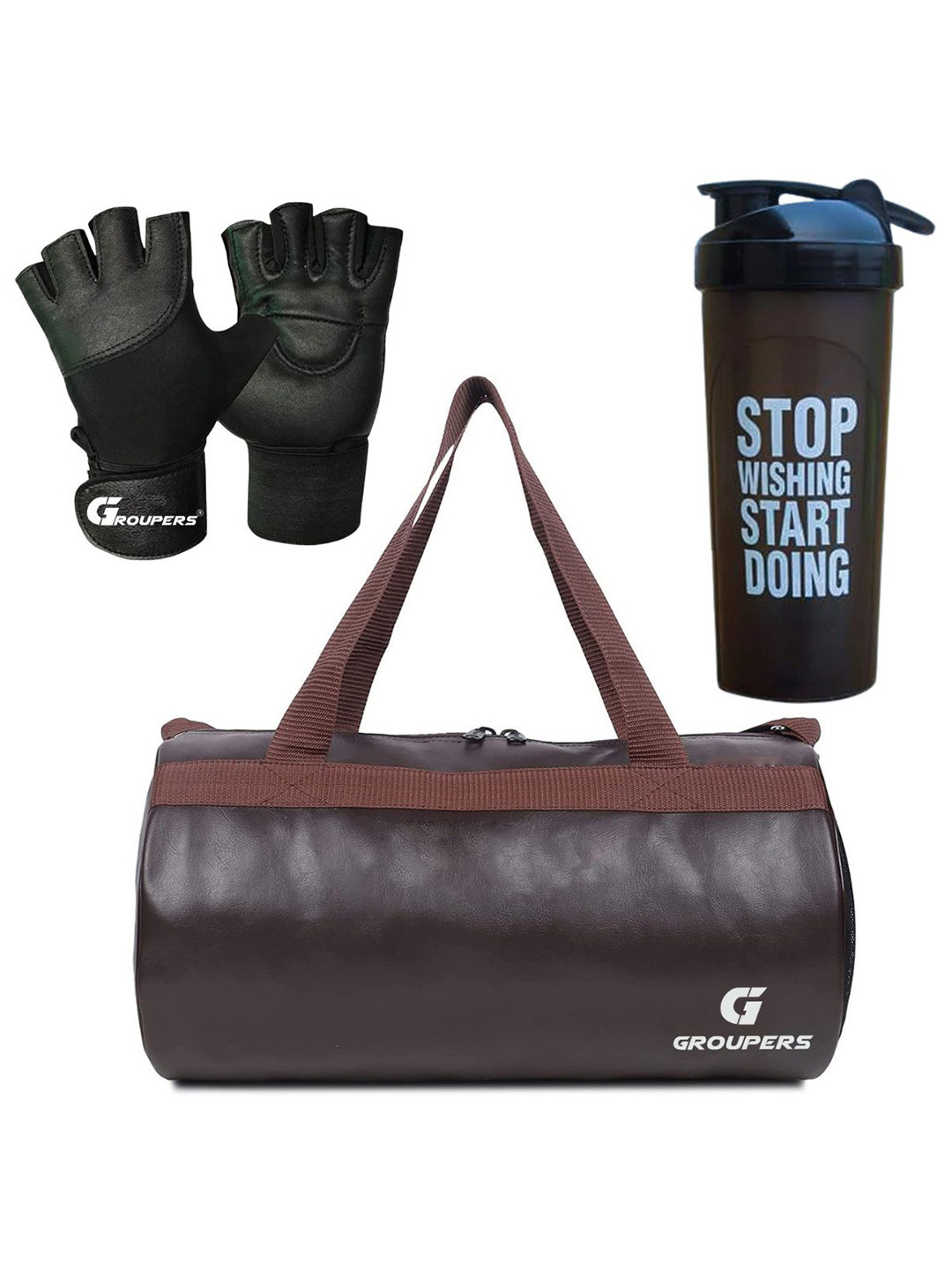 

GROUPERS Medium Foldable Sports or Gym Duffel Bag With Gloves & Shaker Bottle-700ml, Brown