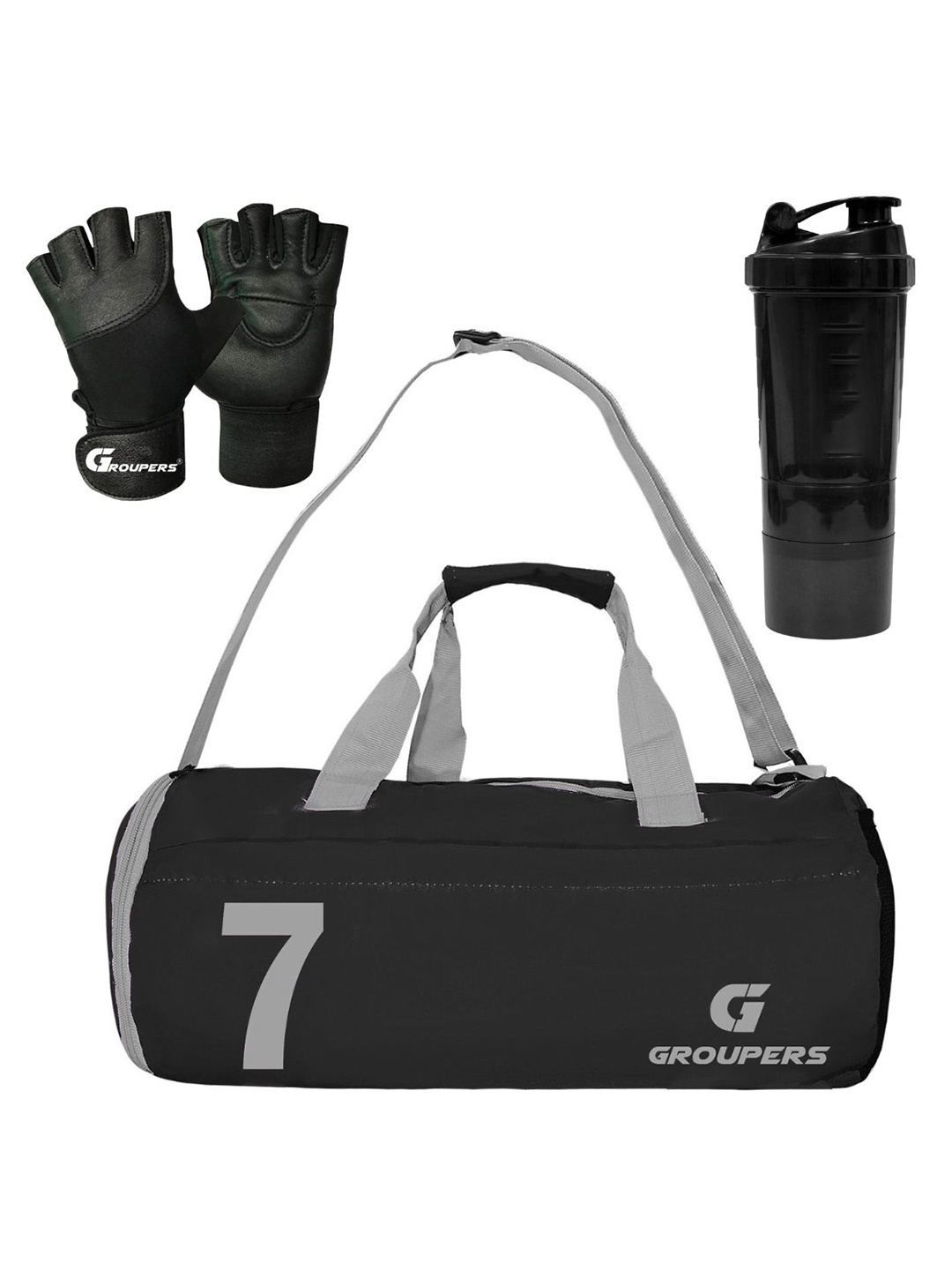 

GROUPERS Medium Foldable Sports Duffel Bag With Gloves & Shaker Bottle 500ml, Black