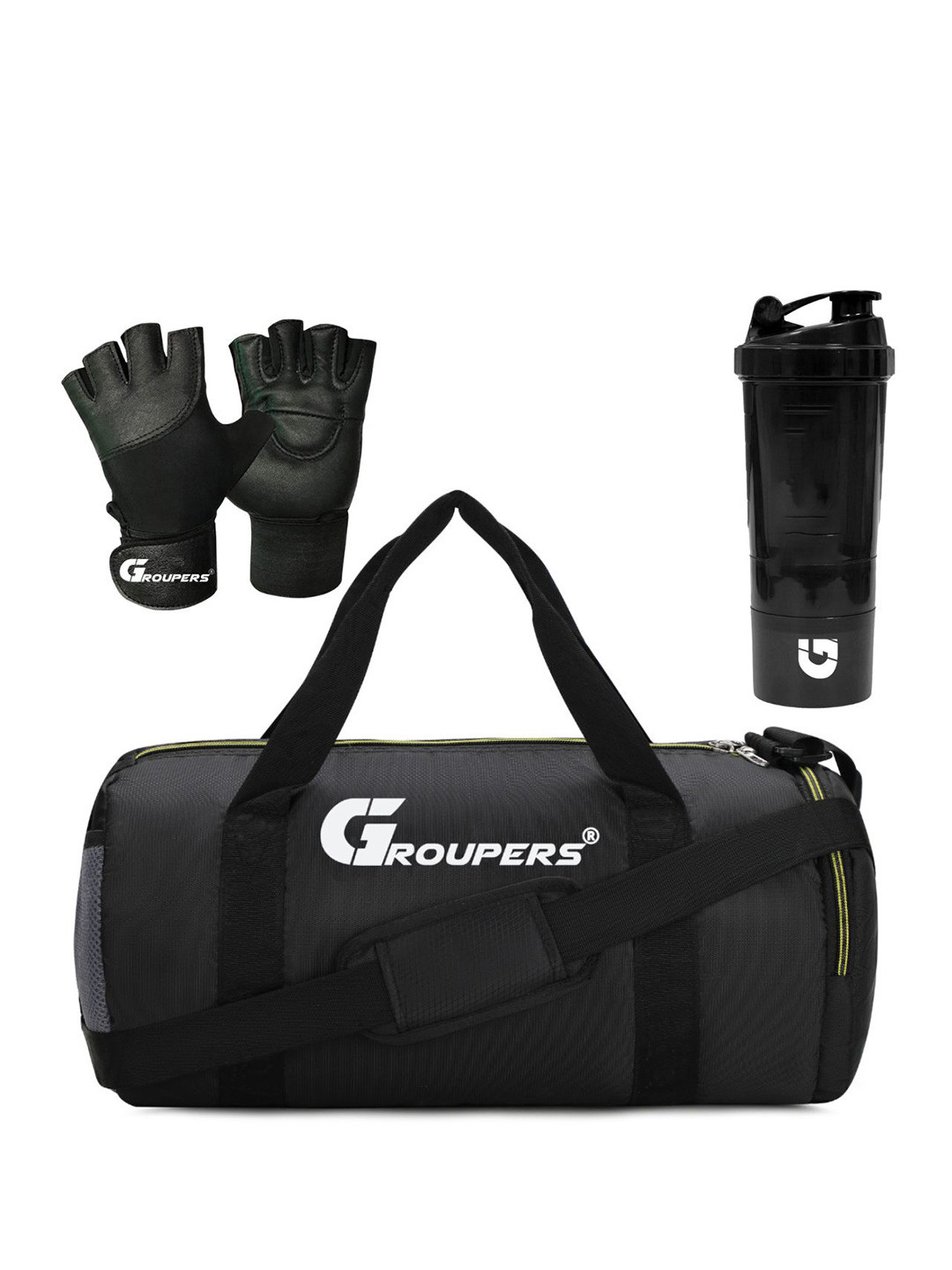 

GROUPERS Printed Foldable Sports or Gym Duffel Bag With Gloves & Shaker Bottle -500 ML, Black