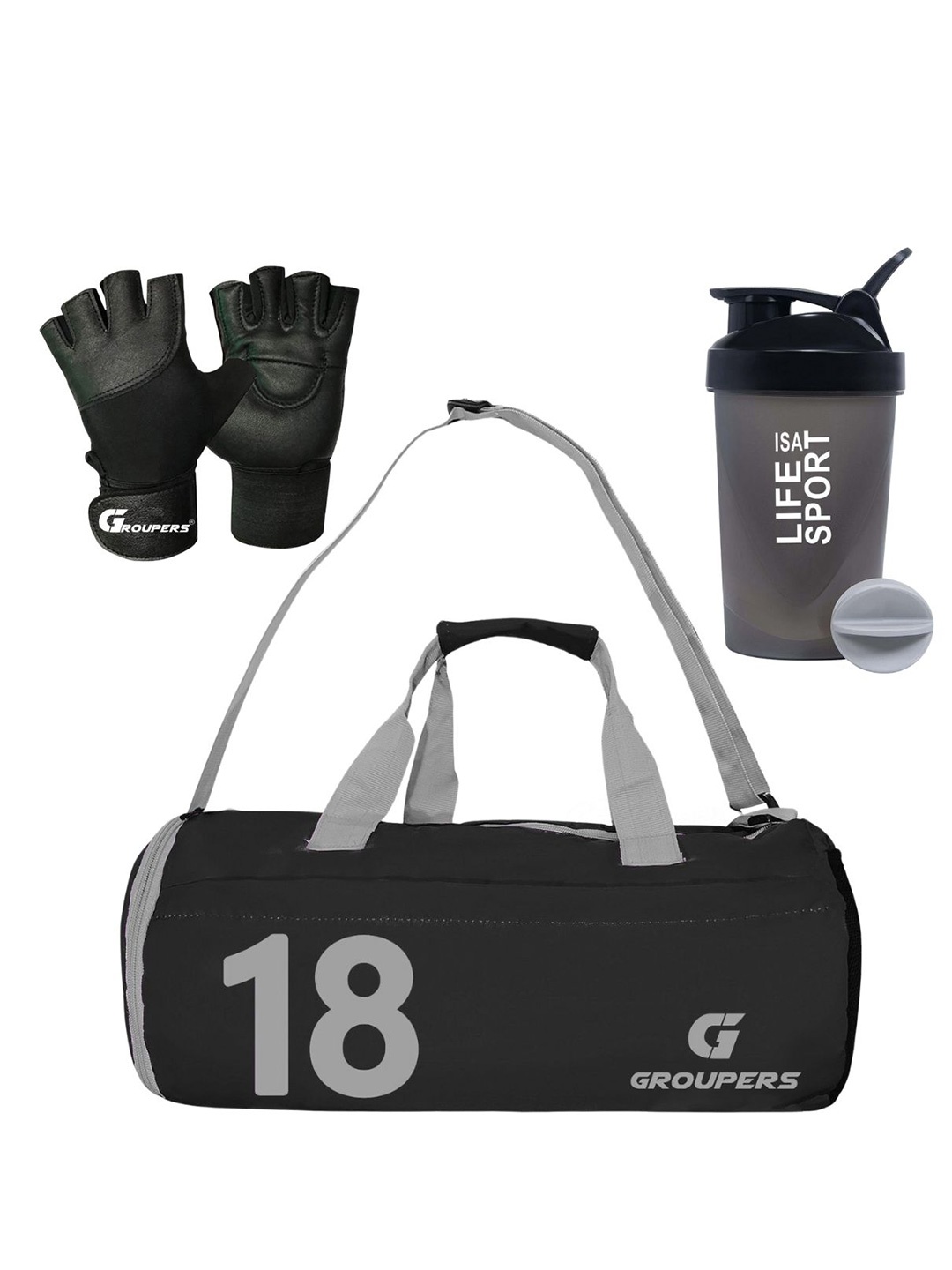GROUPERS Printed Foldable Sports or Gym Duffel Bag with Shaker Bottle-400ml & Gloves, Black