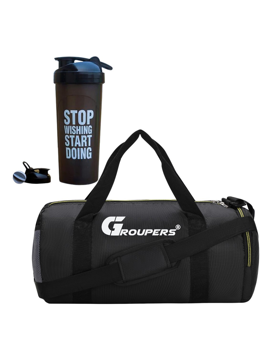 

GROUPERS Printed Medium Foldable Sports Or Gym Duffel Bag With Shaker 700ml, Black