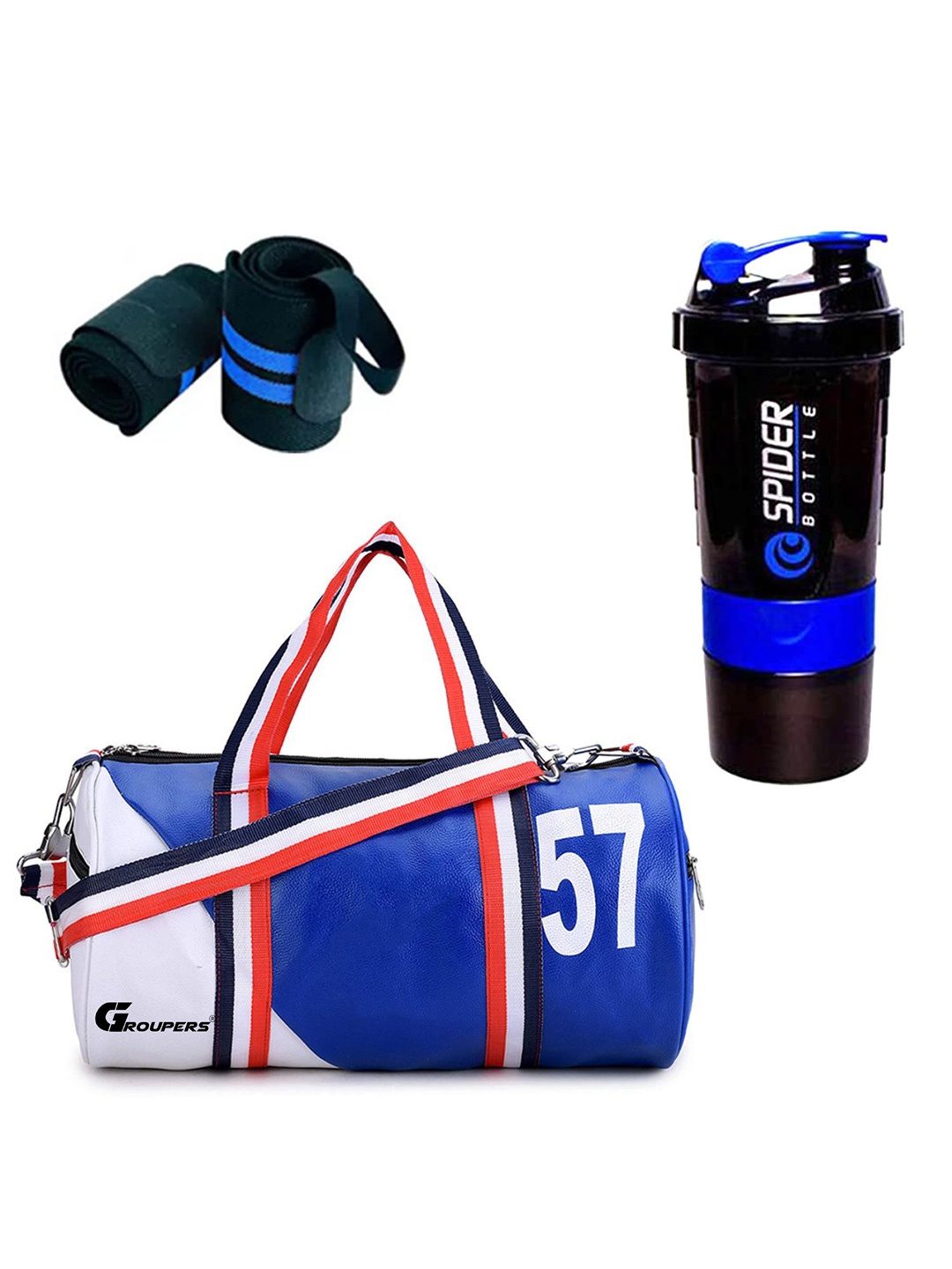 

GROUPERS Printed Foldable Sports or Gym Duffel Bag with Shaker Bottle-500ml & Wrist Band, Blue