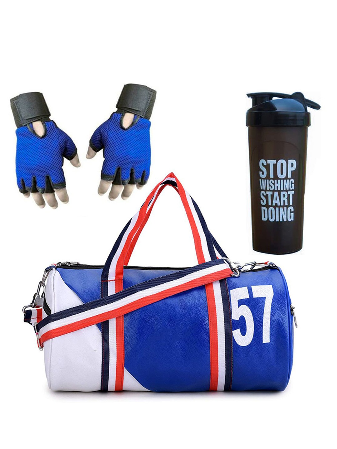 

GROUPERS Printed Medium Foldable Gym Duffel Bag with Shaker Bottle & Gloves, Blue