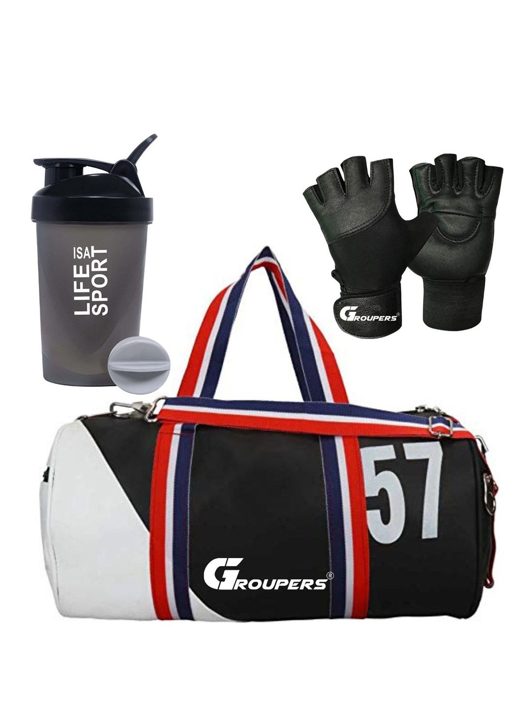 

GROUPERS Printed Foldable Sports or Gym Duffel Bag with Shaker Bottle-400ml & Gloves, Black