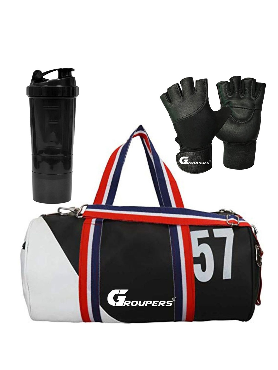 

GROUPERS Printed Foldable Sports or Gym Duffel Bag with Shaker Bottle-500ml & Gloves, Black