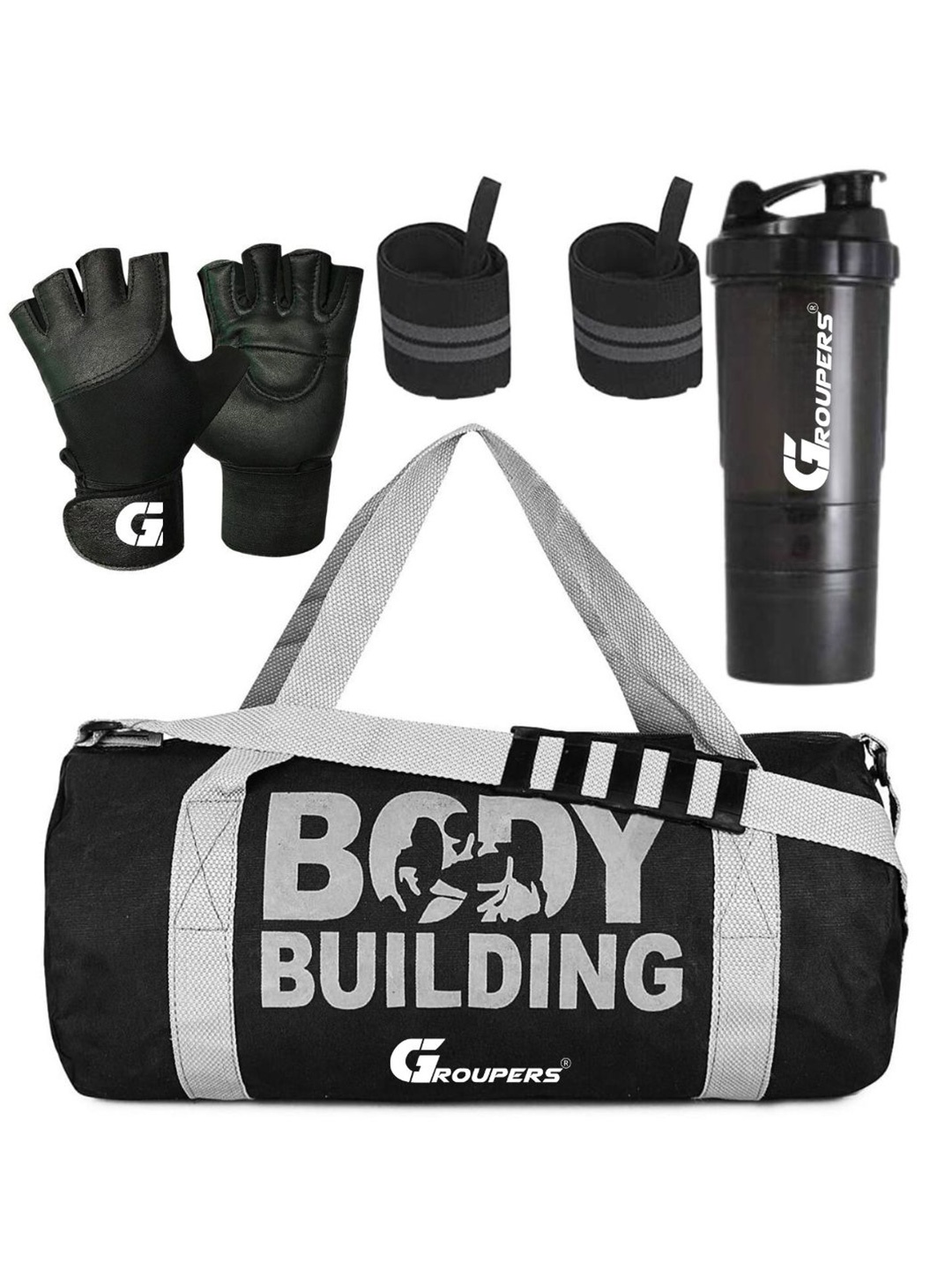 

GROUPERS Printed Medium Foldable Sports Duffel Bag With Gloves & Shaker Bottle, Black