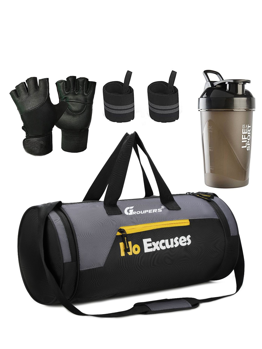 

GROUPERS Medium Foldable Sports Duffel Bag With Gloves & Shaker Bottle & Wrist Band, Black