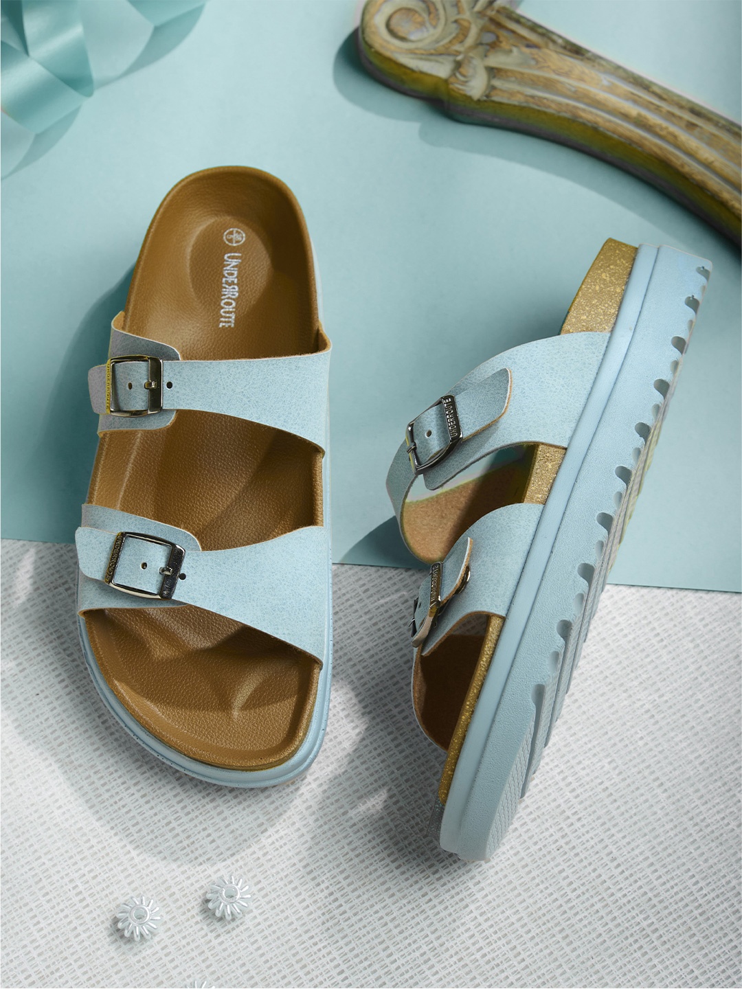 

UNDERROUTE Women Printed Open Toe Flats, Blue