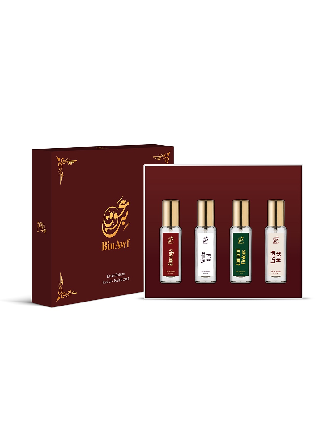 

BinAwf Shanaya White Oud Jannatul Firdous & Lavish Musk EDP Set-20ml Each, Red