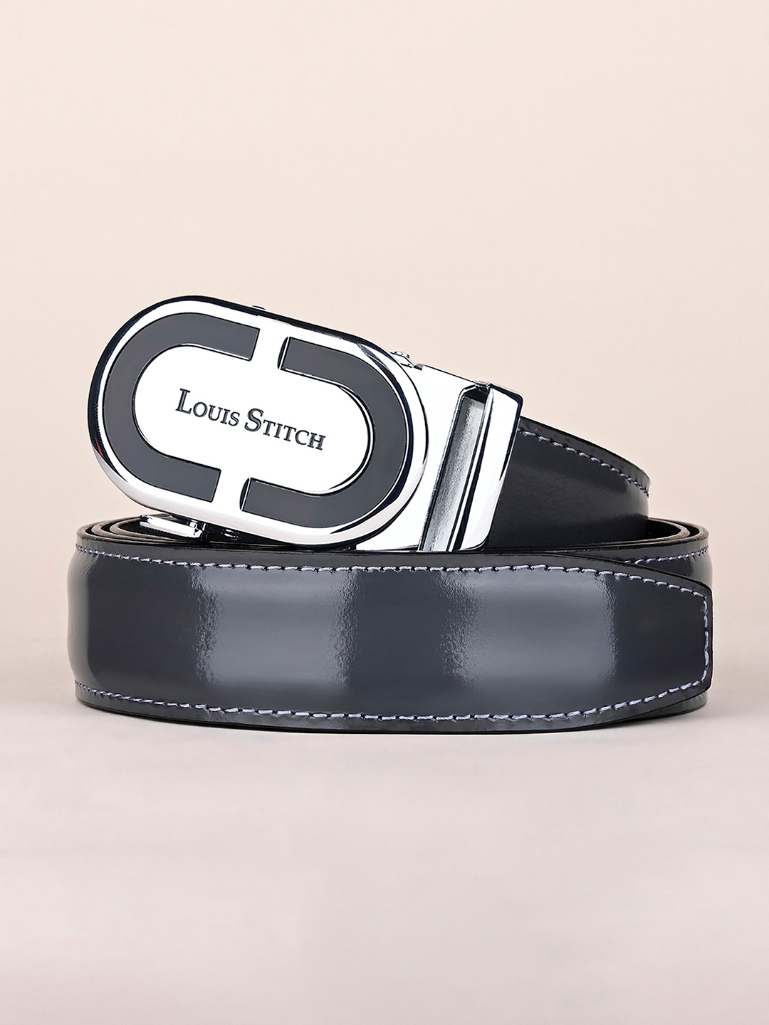 

LOUIS STITCH Premium VT Leather Men Auto Lock Buckle Belt, Black