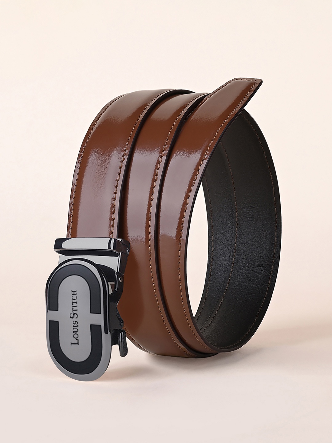 

LOUIS STITCH Premium VT Leather Men Auto Lock Buckle Belt, Tan