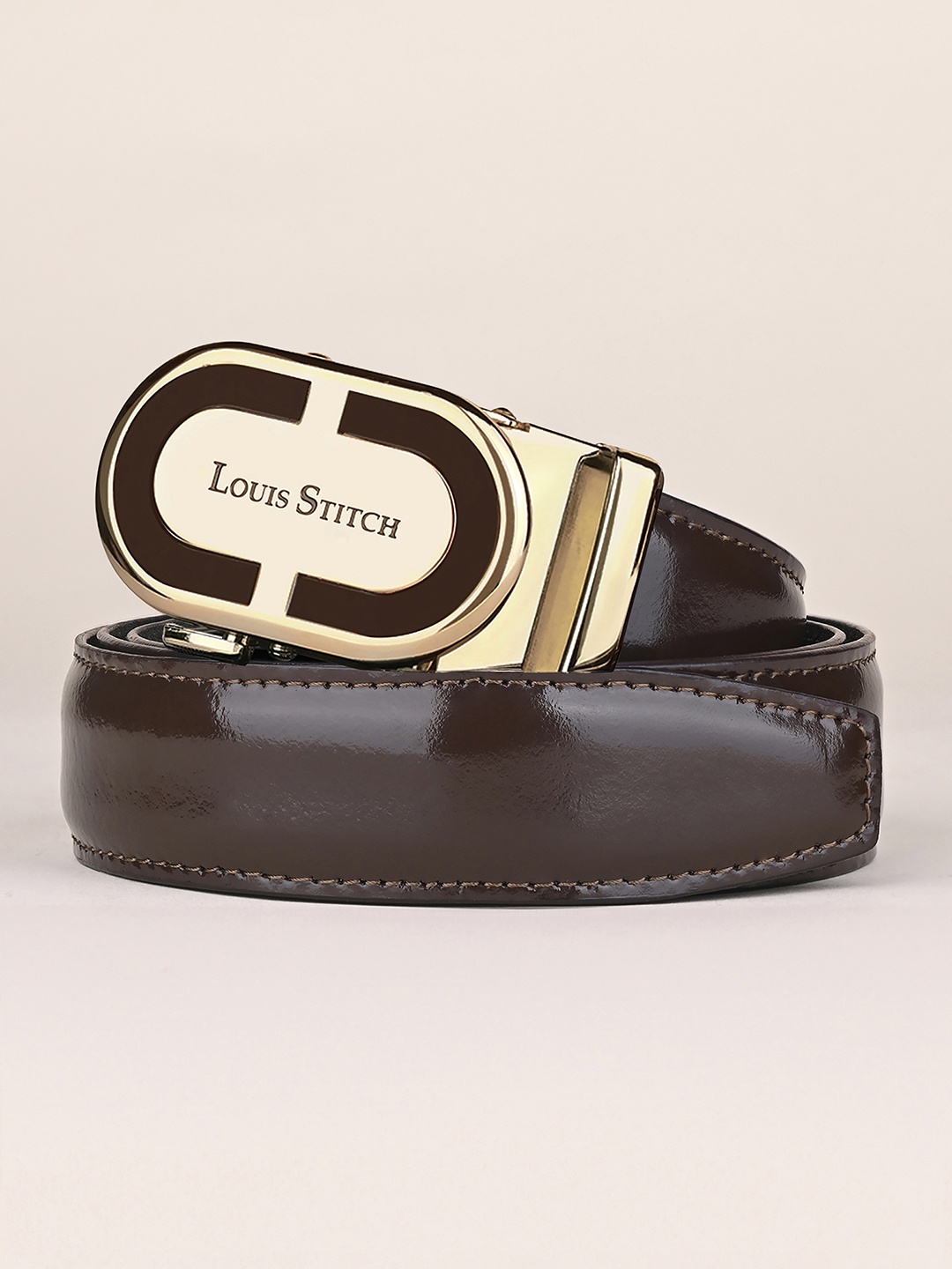 

LOUIS STITCH Premium VT Leather Men Auto Lock Buckle Belt, Brown