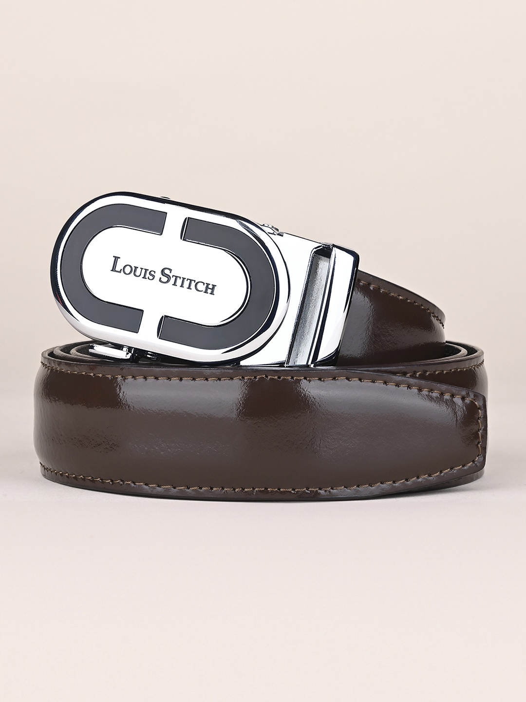 

LOUIS STITCH Premium VT Leather Men Auto Lock Buckle Belt, Brown