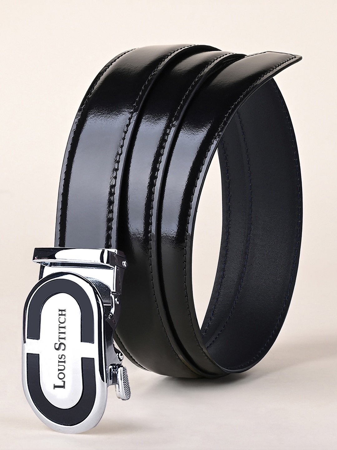 

LOUIS STITCH Premium VT Leather Men Auto Lock Buckle Belt, Black