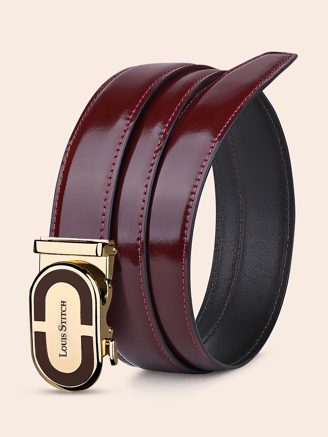 

LOUIS STITCH Premium VT Leather Men Auto Lock Buckle Belt, Maroon