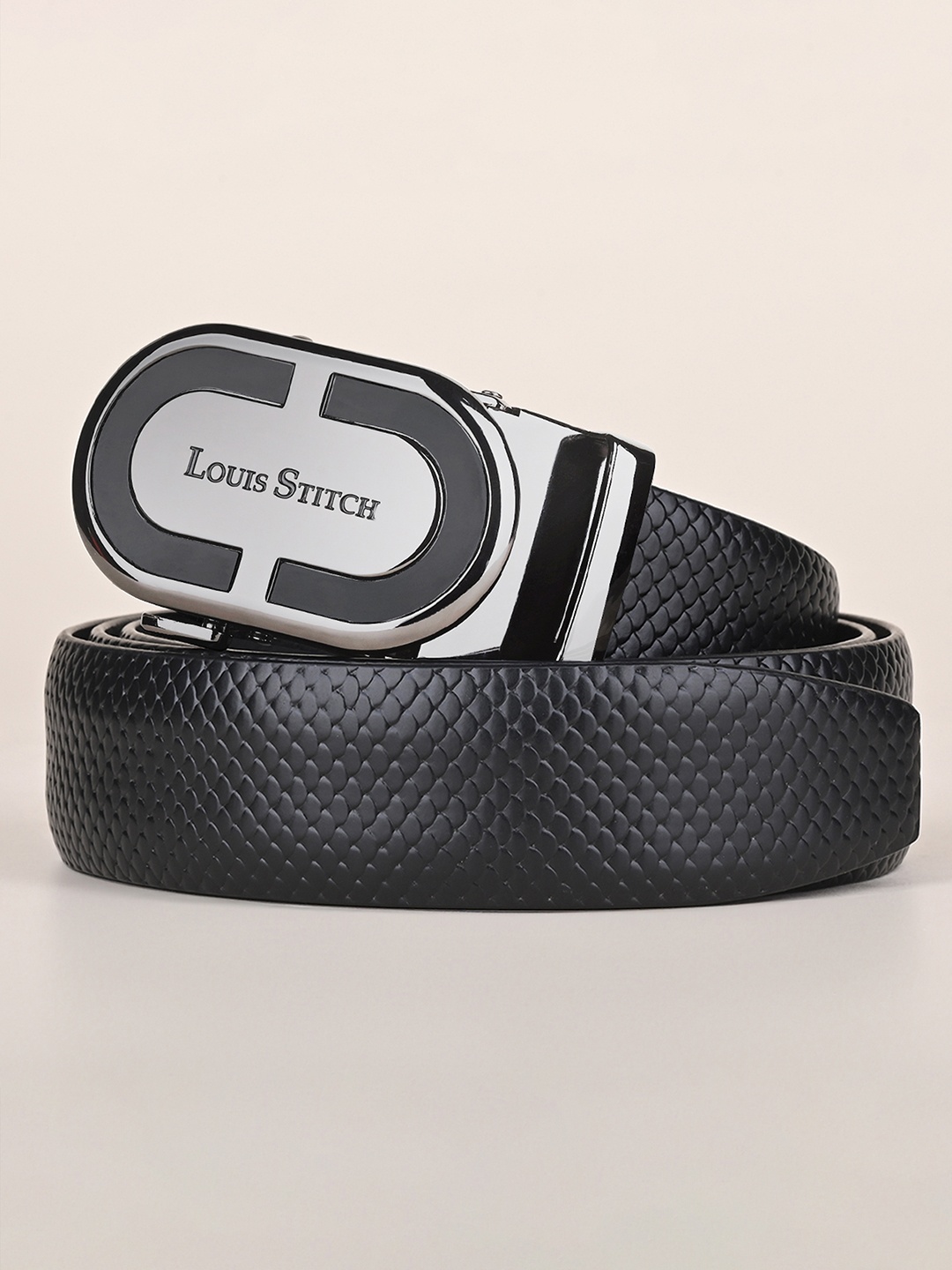 

LOUIS STITCH Premium VT Leather Men Auto Lock Buckle Belt, Black