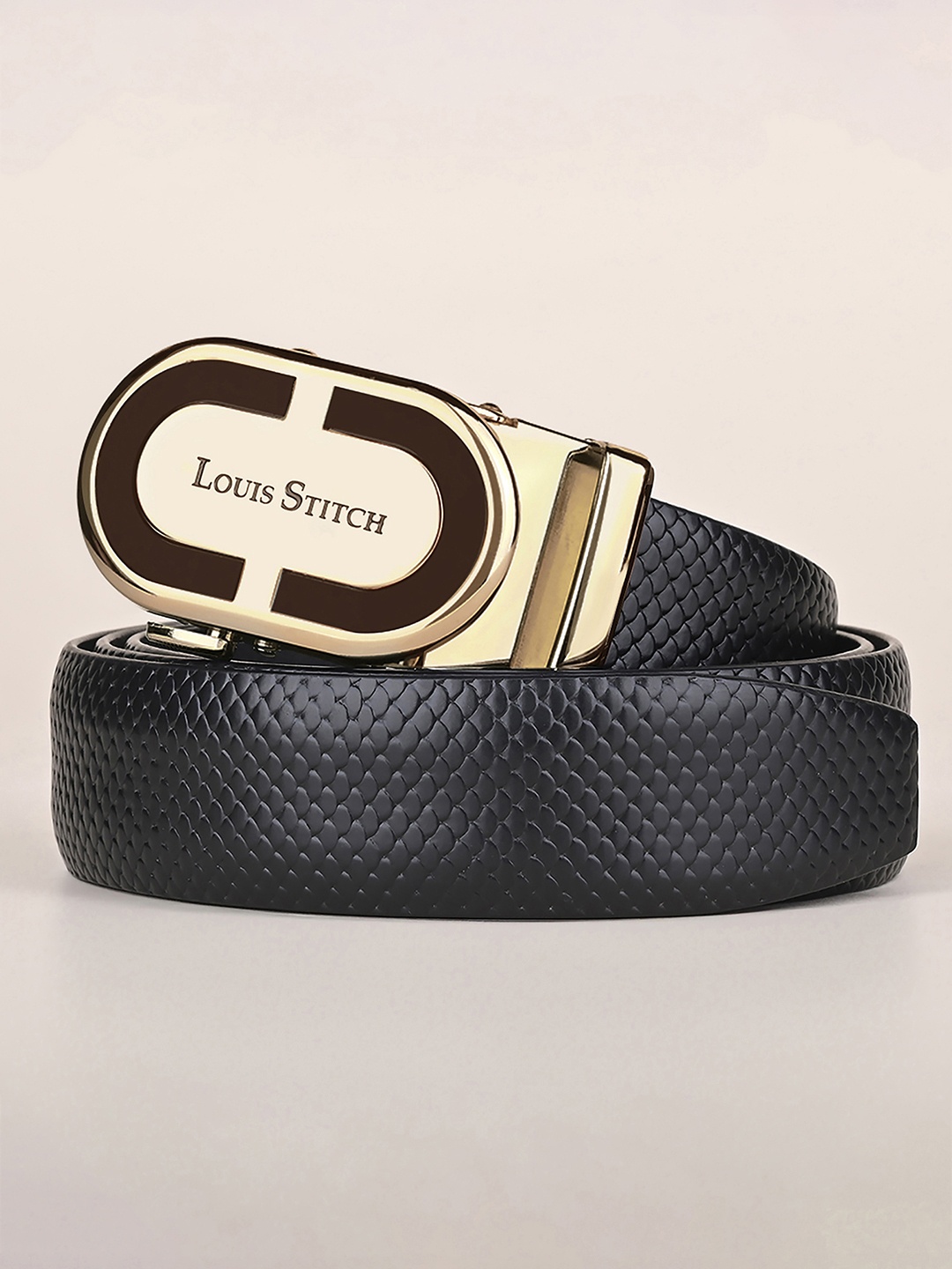 

LOUIS STITCH Premium VT Leather Men Auto Lock Buckle Belt, Black