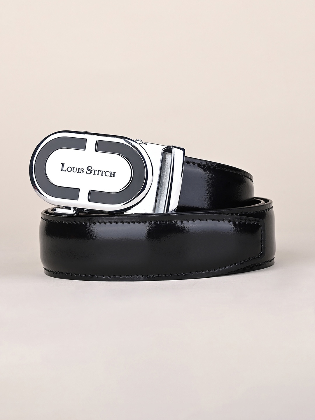 

LOUIS STITCH Premium VT Leather Men Auto Lock Buckle Belt, Black