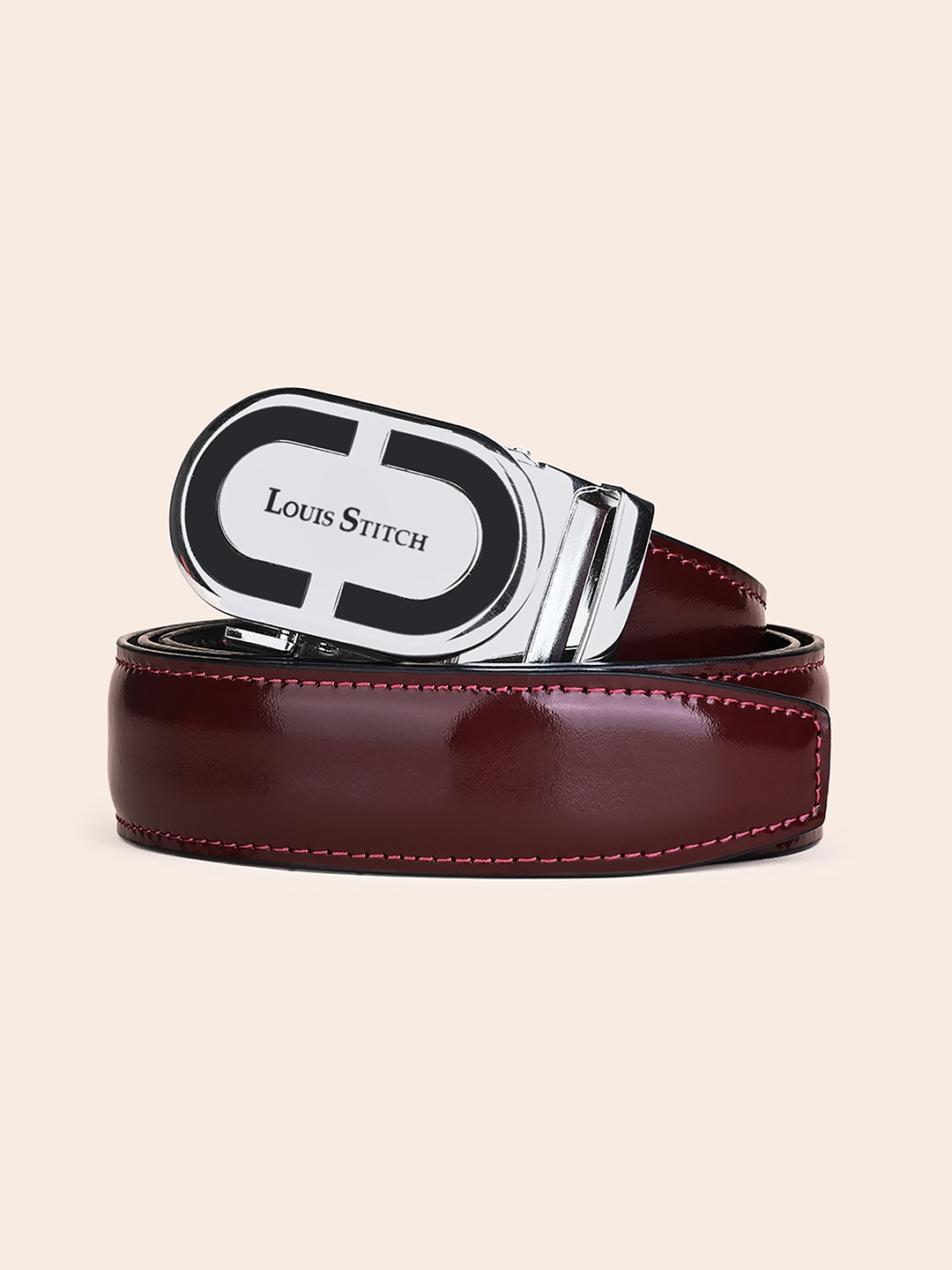 

LOUIS STITCH Premium VT Leather Men Auto Lock Buckle Belt, Maroon