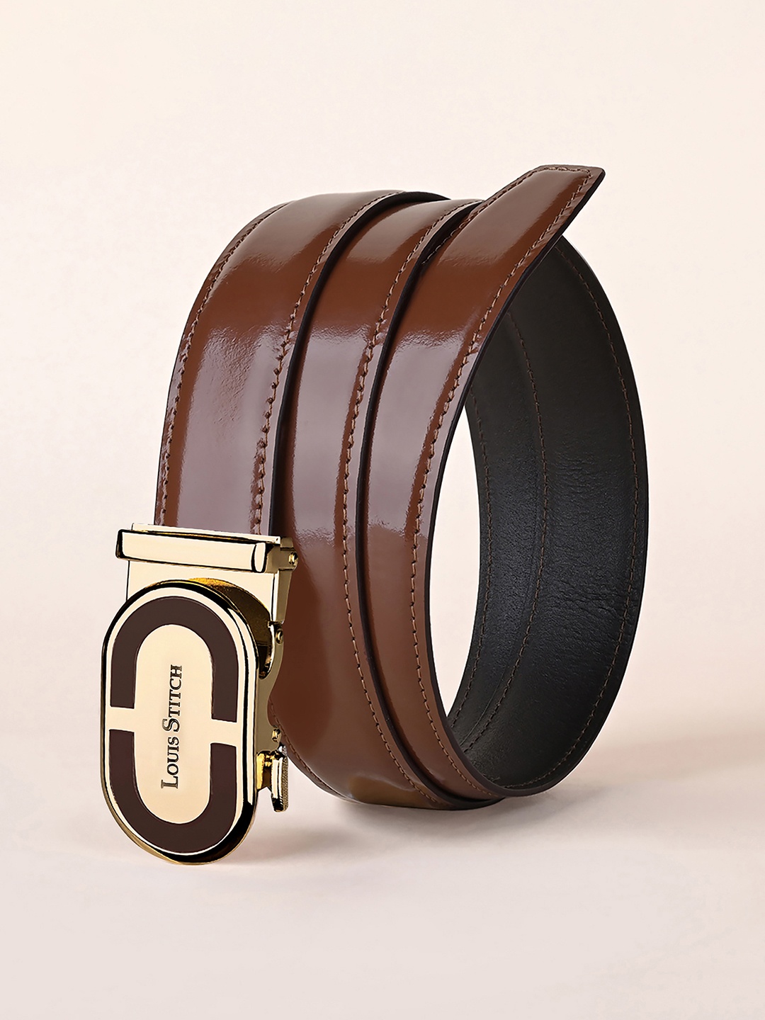 

LOUIS STITCH Premium VT Leather Men Auto Lock Buckle Belt, Tan