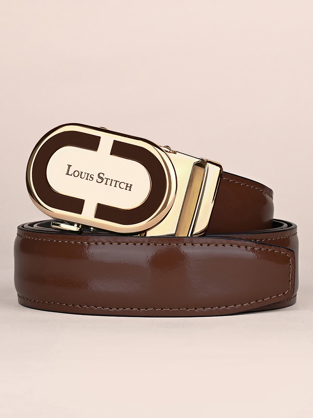 

LOUIS STITCH Premium VT Leather Men Auto Lock Buckle Belt, Tan