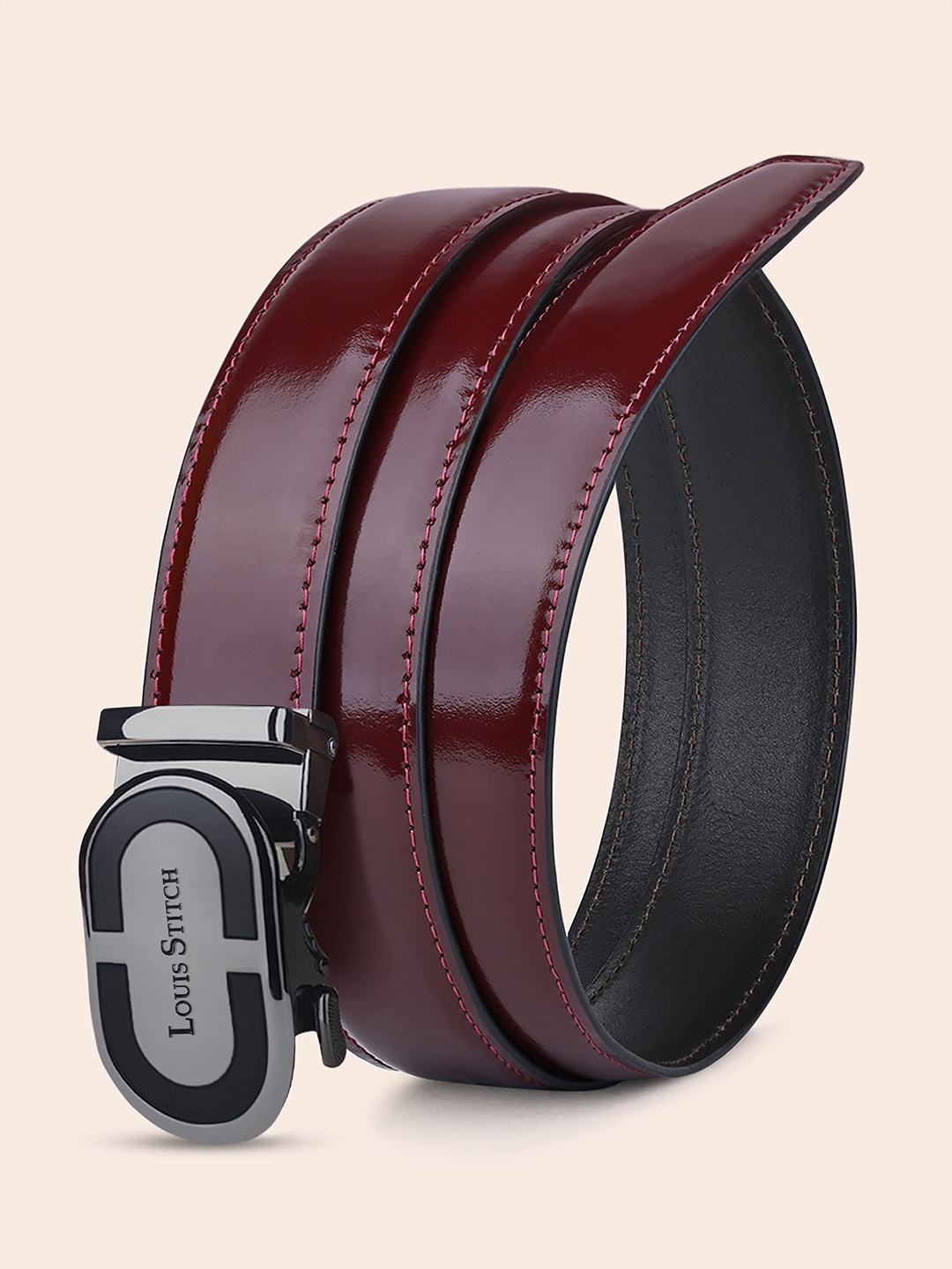 

LOUIS STITCH Men Premium Leather Autolock Belt, Maroon