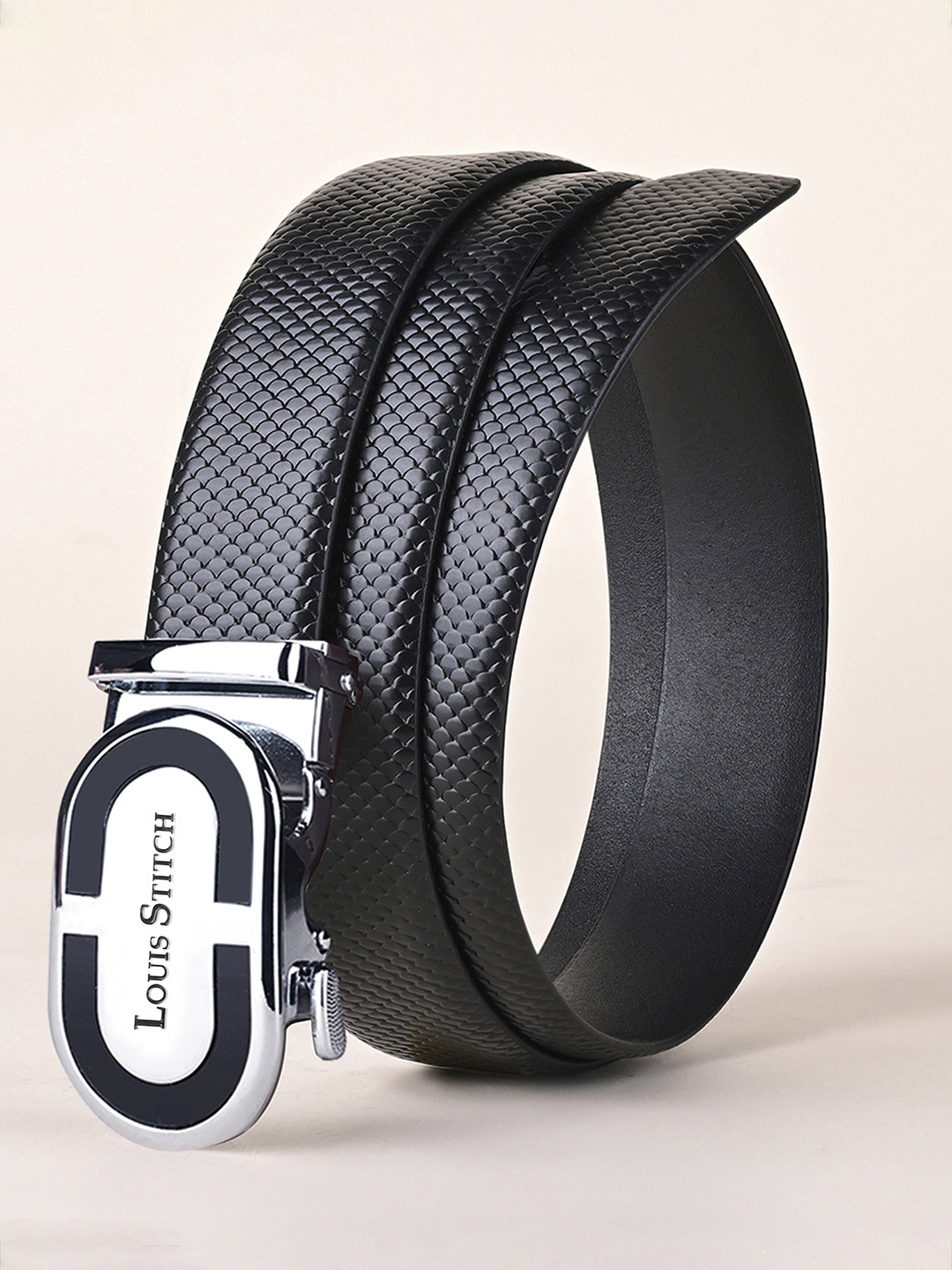 

LOUIS STITCH Premium VT Leather Men Auto Lock Buckle Belt, Black
