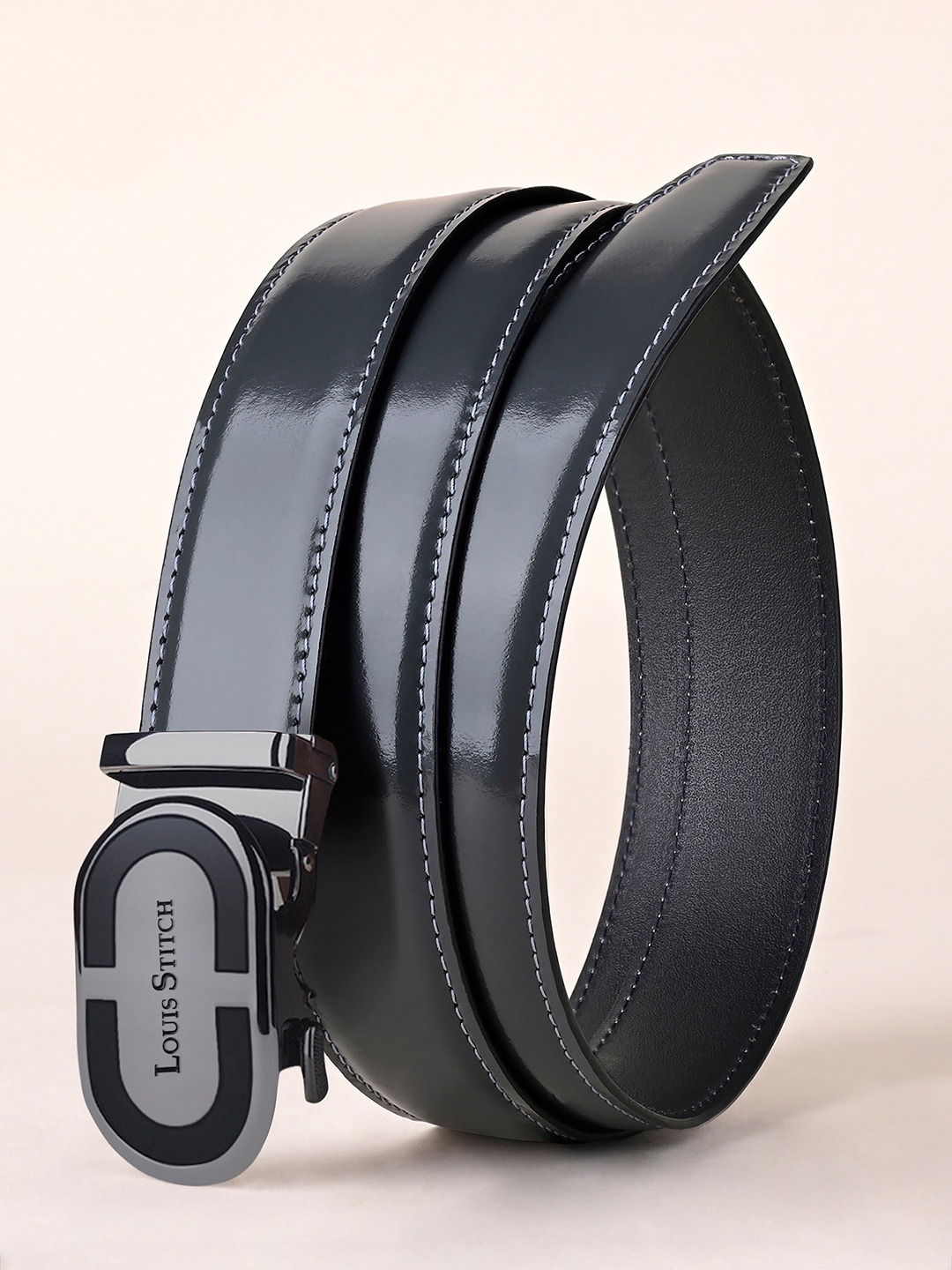 

LOUIS STITCH Premium VT Leather Men Auto Lock Buckle Belt, Black