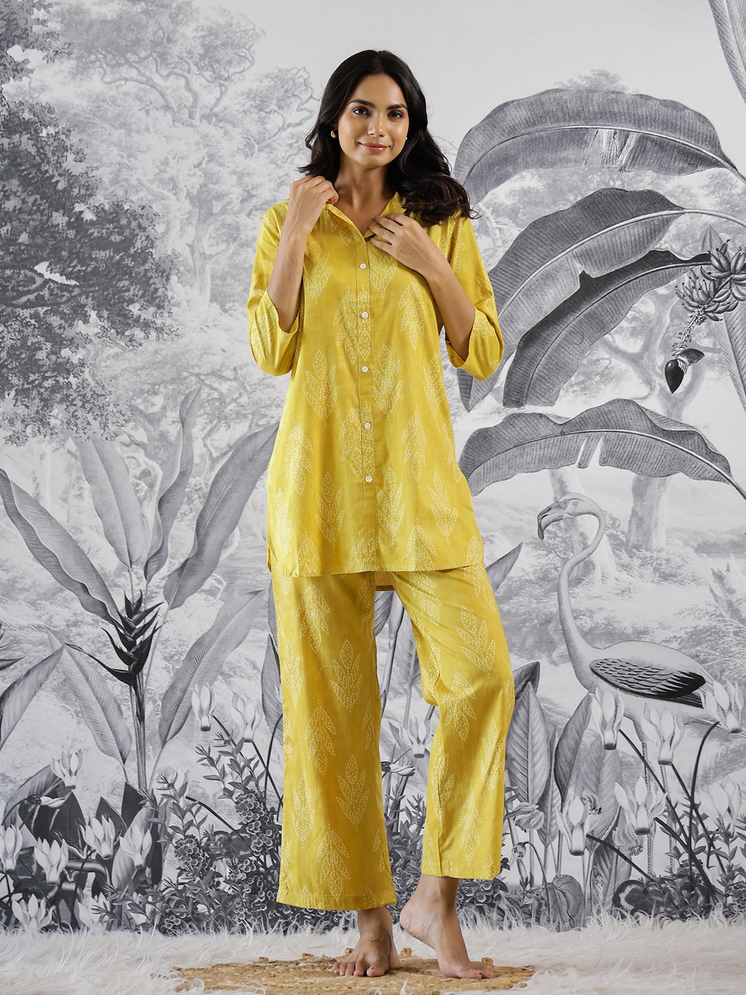 

FLAVIA CREATION Floral Printed Shirt Collar Pure Cotton Shirt & Trousers, Yellow