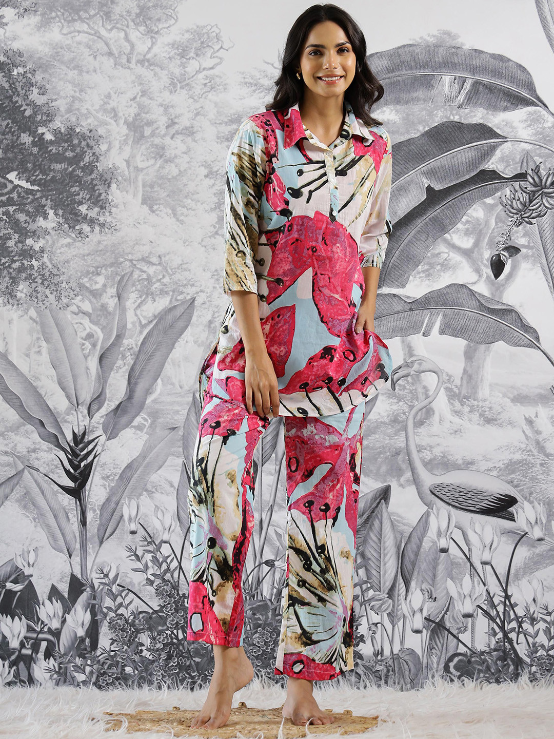 

FLAVIA CREATION Plus Size Printed Pure Cotton Tunic With Trousers, White