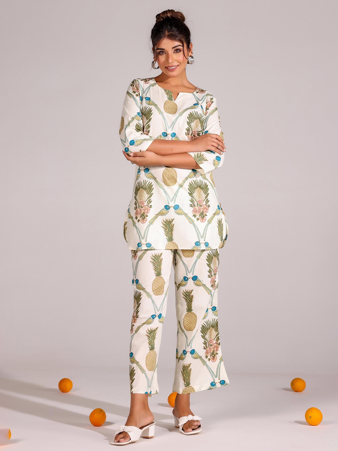 

FLAVIA CREATION Printed Pure Cotton Top With Trousers, White
