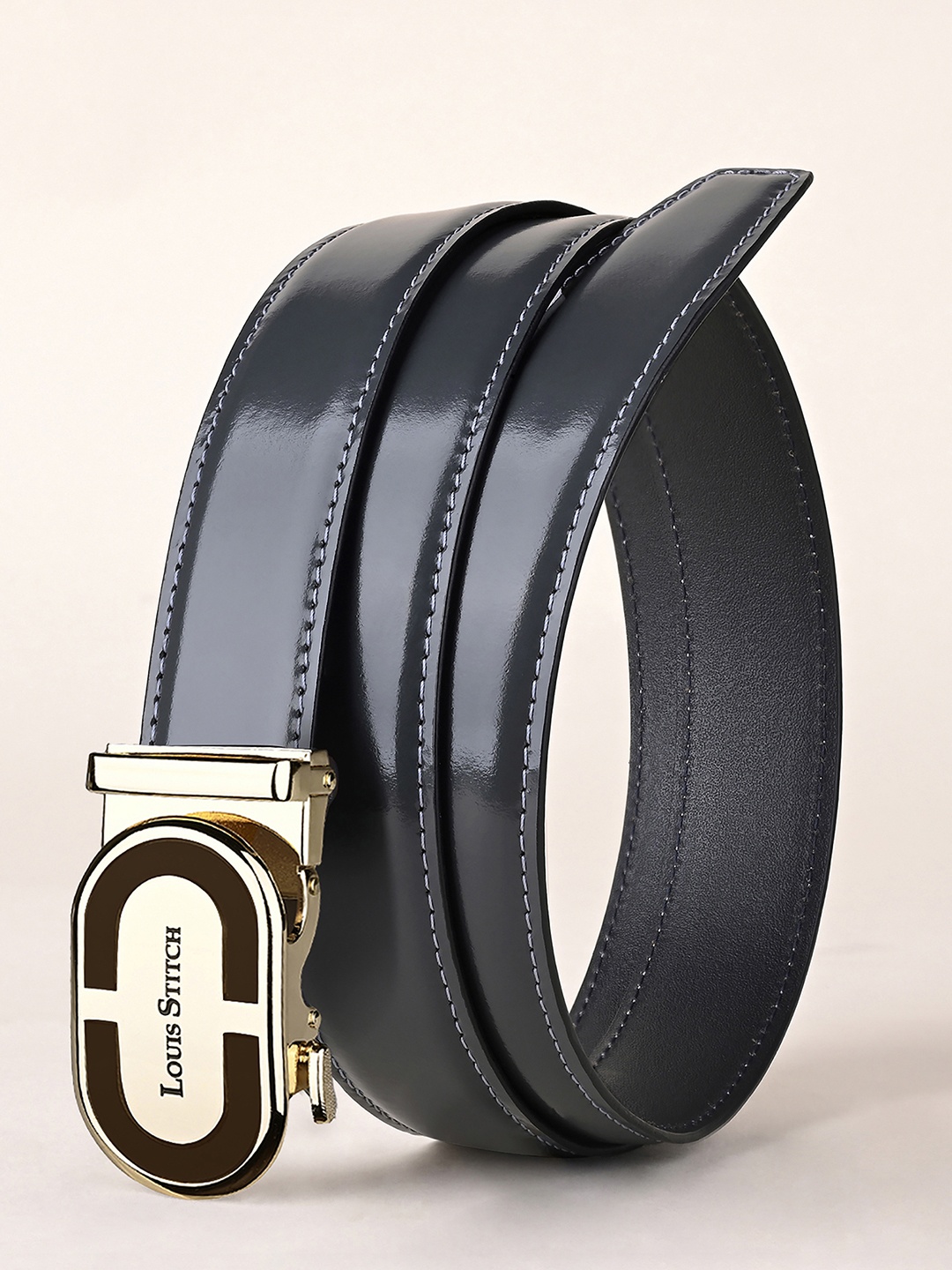 

LOUIS STITCH Premium VT Leather Men Auto Lock Buckle Belt, Black
