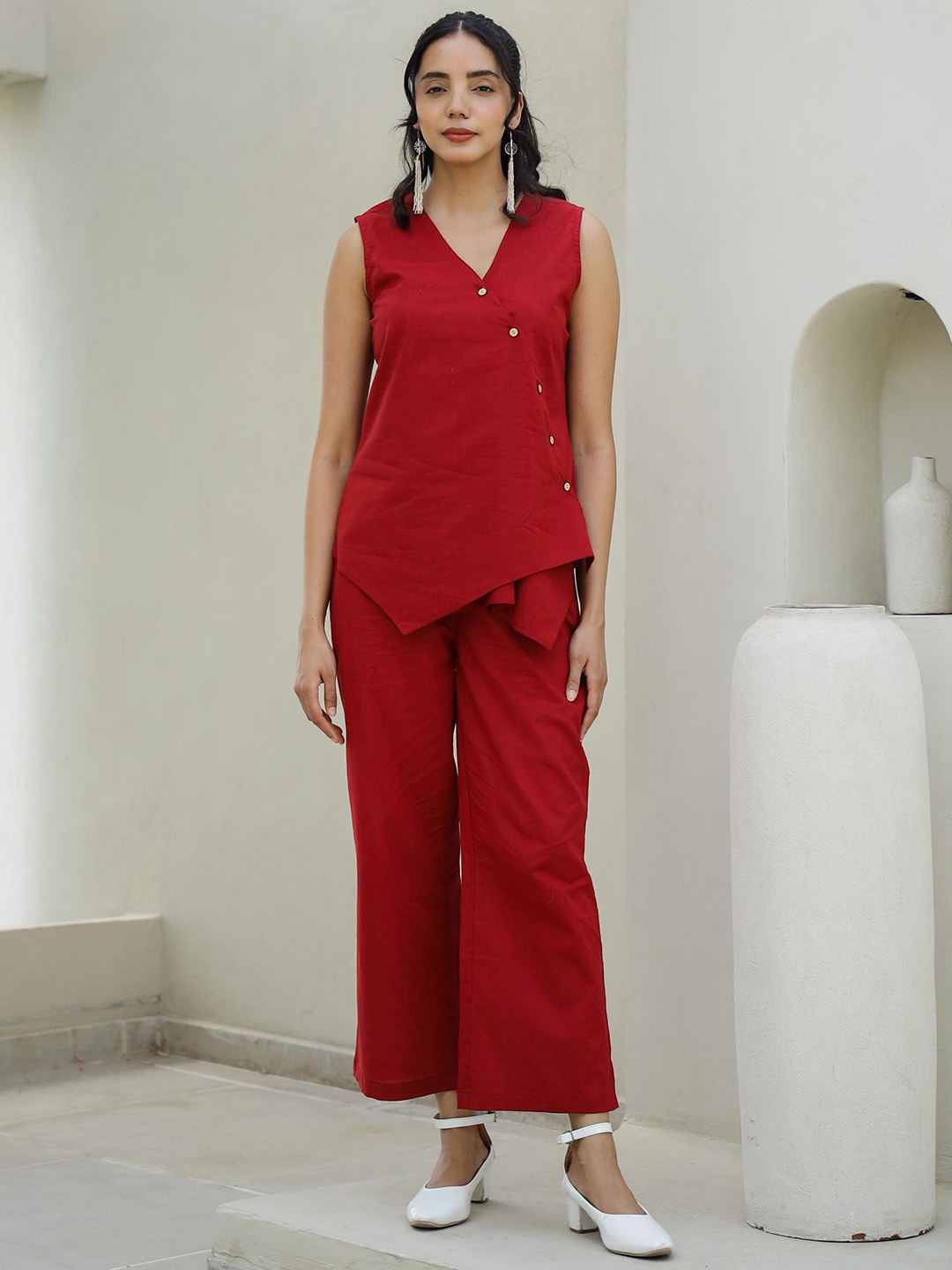 

FLAVIA CREATION V-Neck Pure Cotton Top With Trousers, Red