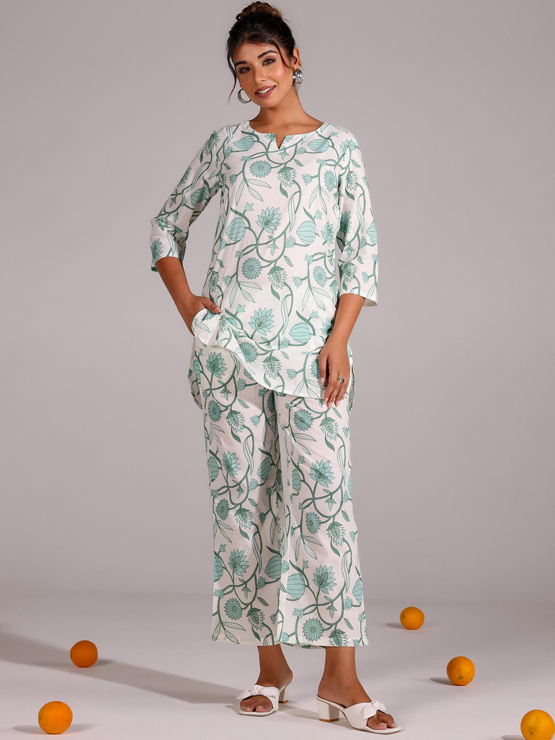 

FLAVIA CREATION Floral Printed Pure Cotton Tunic & Trouser, White
