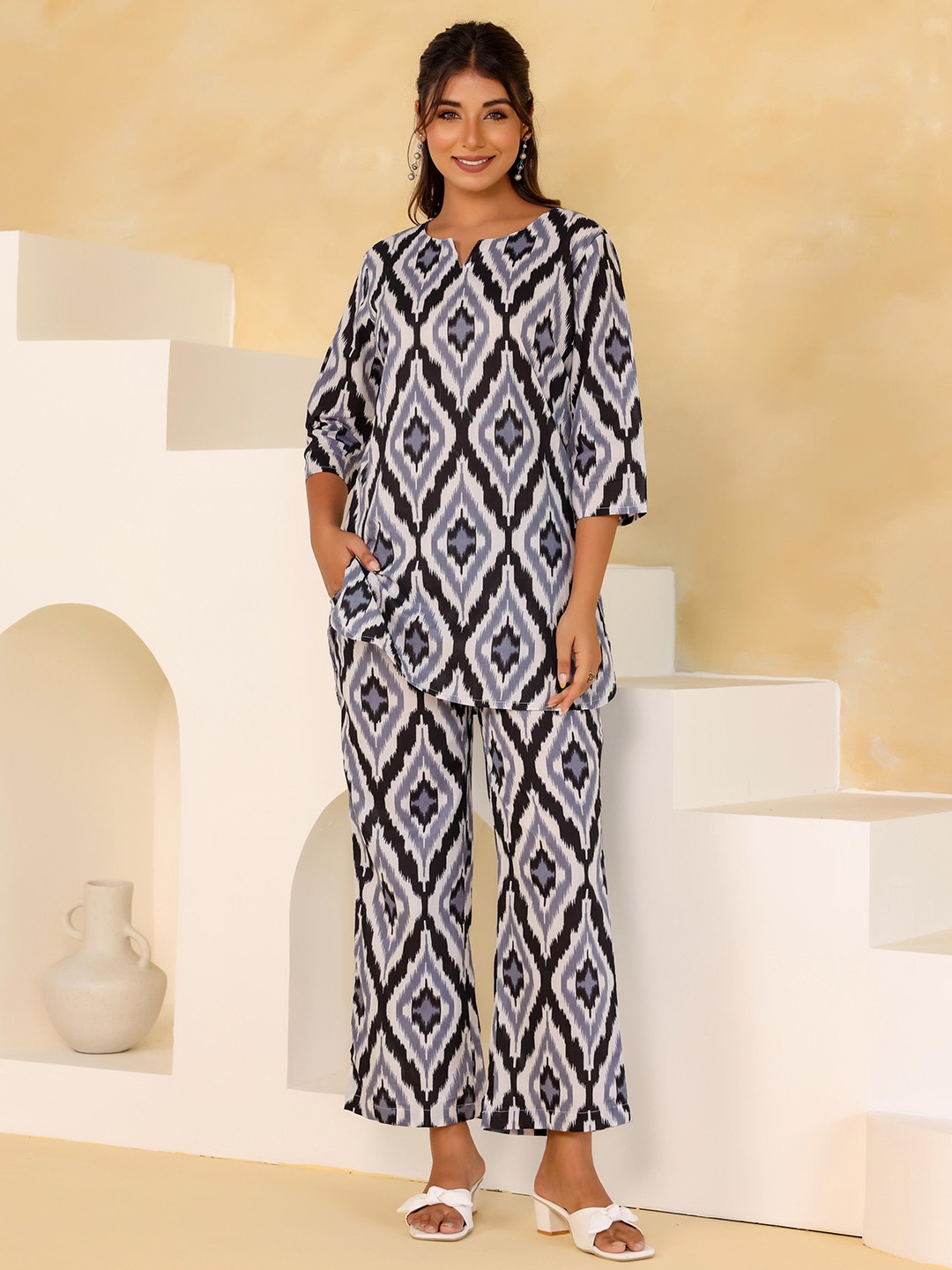 

FLAVIA CREATION Geometric Printed Cotton Tunic & Trousers, White