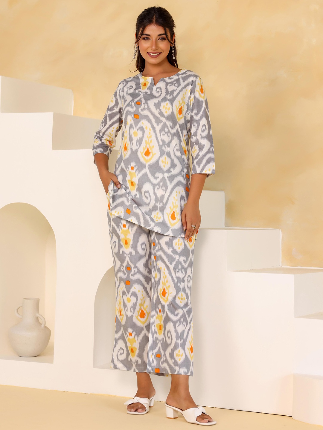 

FLAVIA CREATION Paisley Printed Pure Cotton Tunic With Trousers, Grey