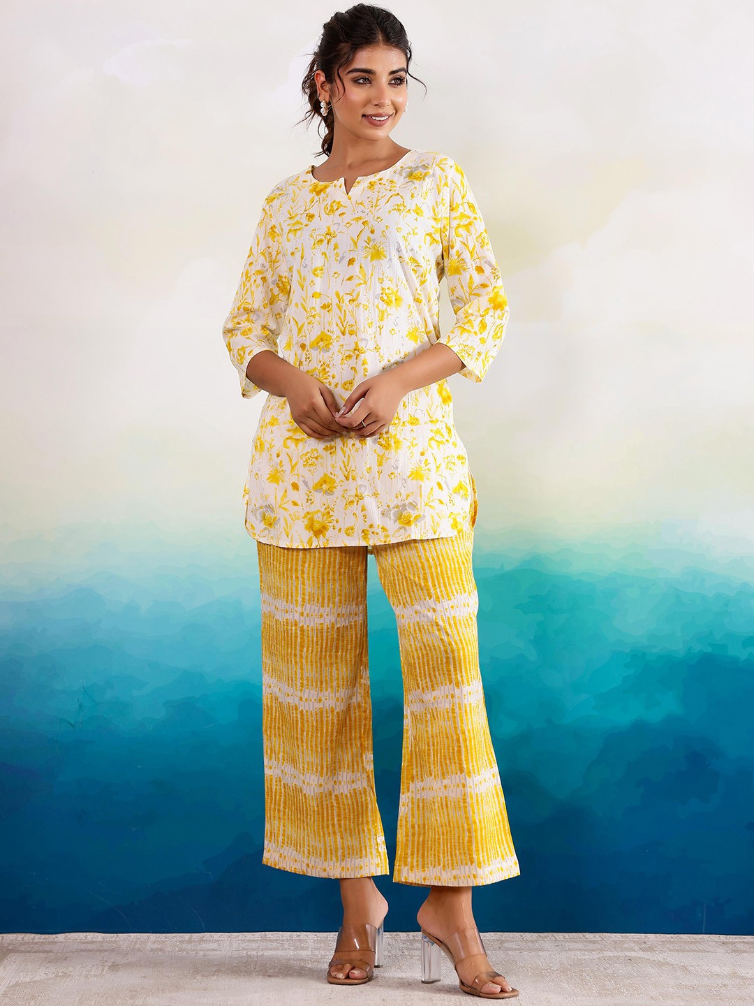 

FLAVIA CREATION Floral Printed Pure Cotton Three Quarter Sleeve Tunic & Trouser, Yellow