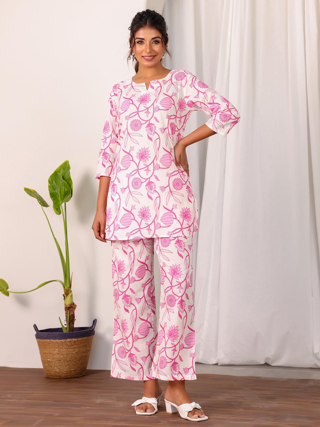 

FLAVIA CREATION Plus Size Floral Printed Cotton Tunic & Trousers, White