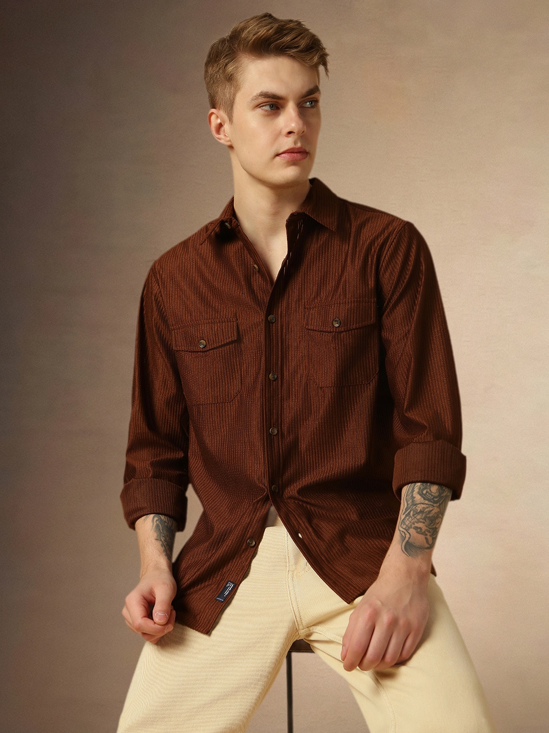 

Dennis Lingo Relaxed Fit Textured Spread Collar Corduroy Casual Shacket, Brown