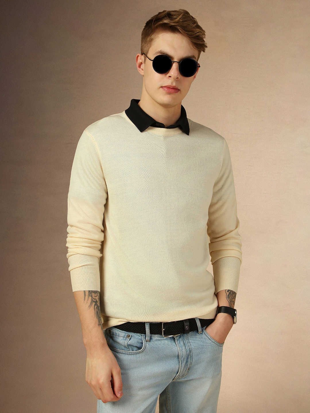 

Dennis Lingo Crew Neck Long Sleeves Slim Fit Ribbed Pure Acrylic Pullover Sweater, Off white