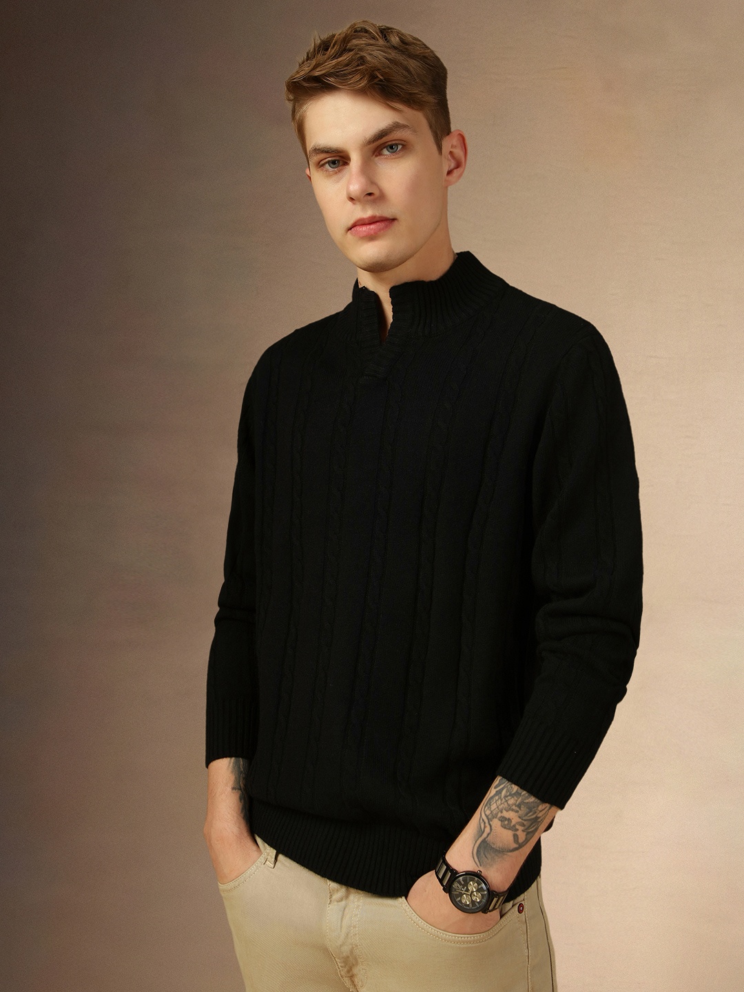 

Dennis Lingo Cable Knit Self Design Mock Collar Slim Fit Pure Acrylic Pullover Sweater, Black