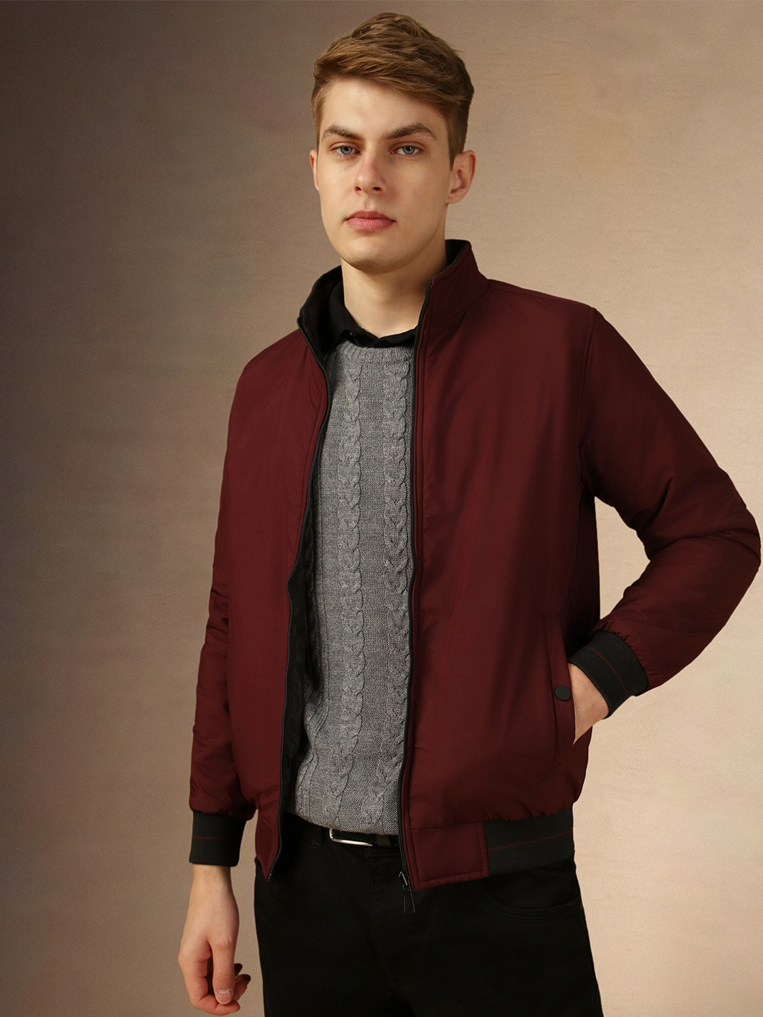 

Dennis Lingo Long Sleeves Mock Collar Reversible Padded Jacket, Burgundy