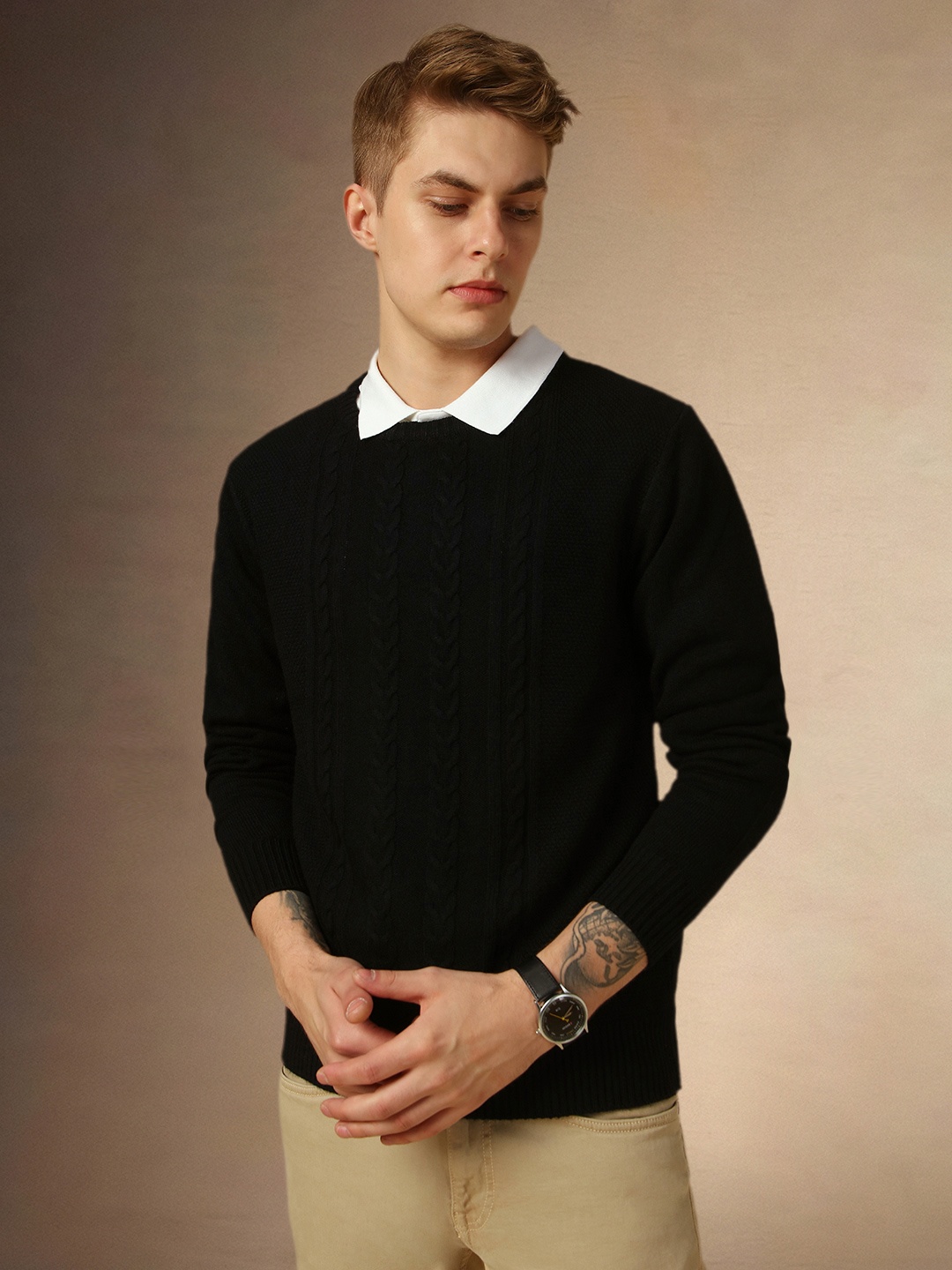

Dennis Lingo Cable Knit Self Design Crew Neck Slim Fit Pure Acrylic Pullover Sweater, Black