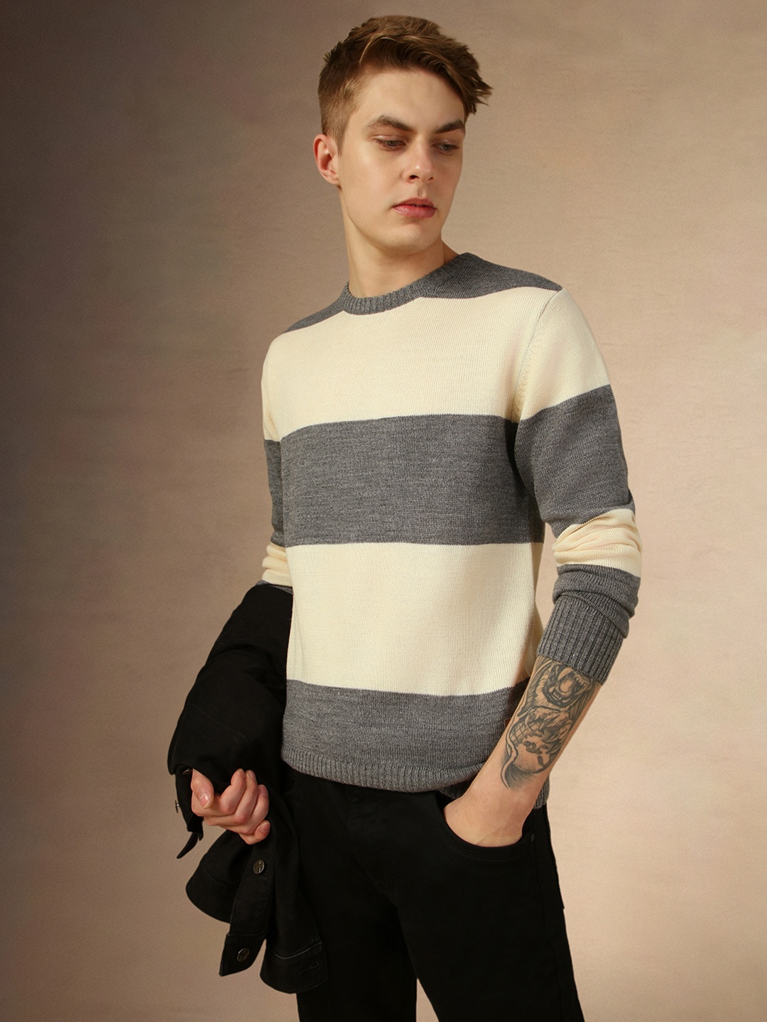 

Dennis Lingo Colourblocked Mock Collar Acrylic Pullover Sweater, Grey
